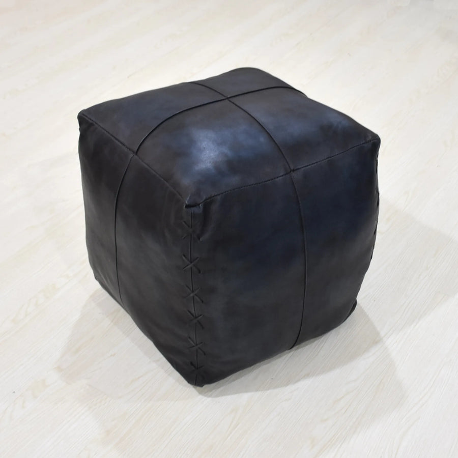 Solid Handmade Goat Leather Square Pouf (Recycled Cotton Fill) — view 2