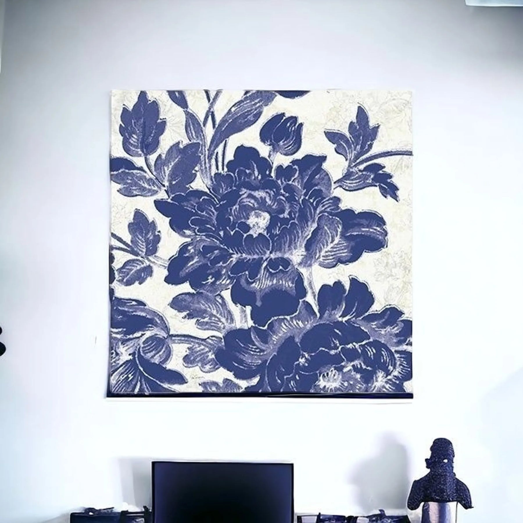 Blue Toile Roses Unframed Print Wall Art — view 2