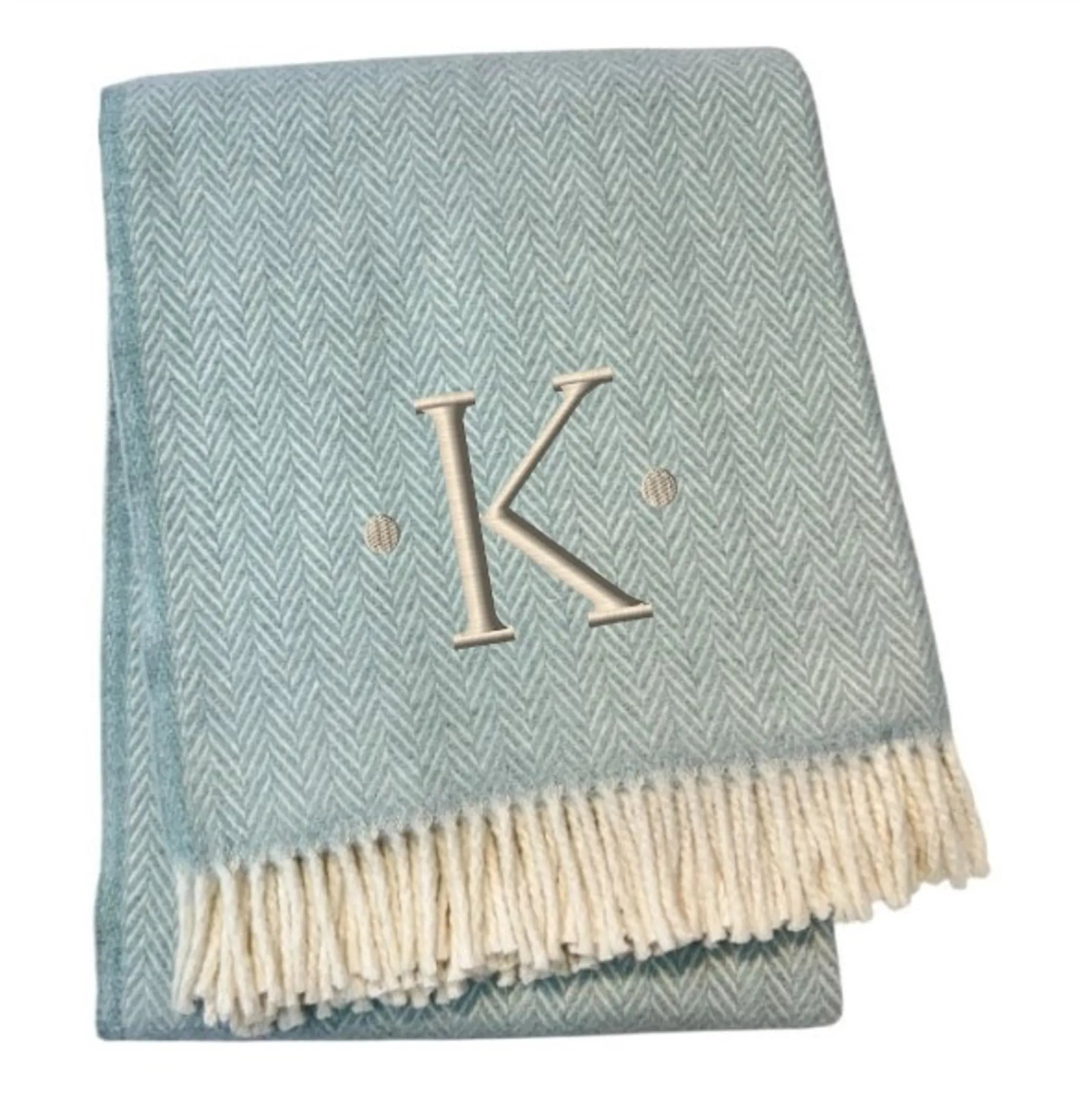 Herringbone Cotton Blend K Initial Throw Blanket with Tassels And Embroidery — view 3