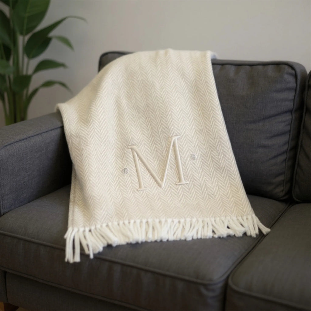Herringbone Cotton Blend M Initial Throw Blanket with Tassels And Embroidery — view 2