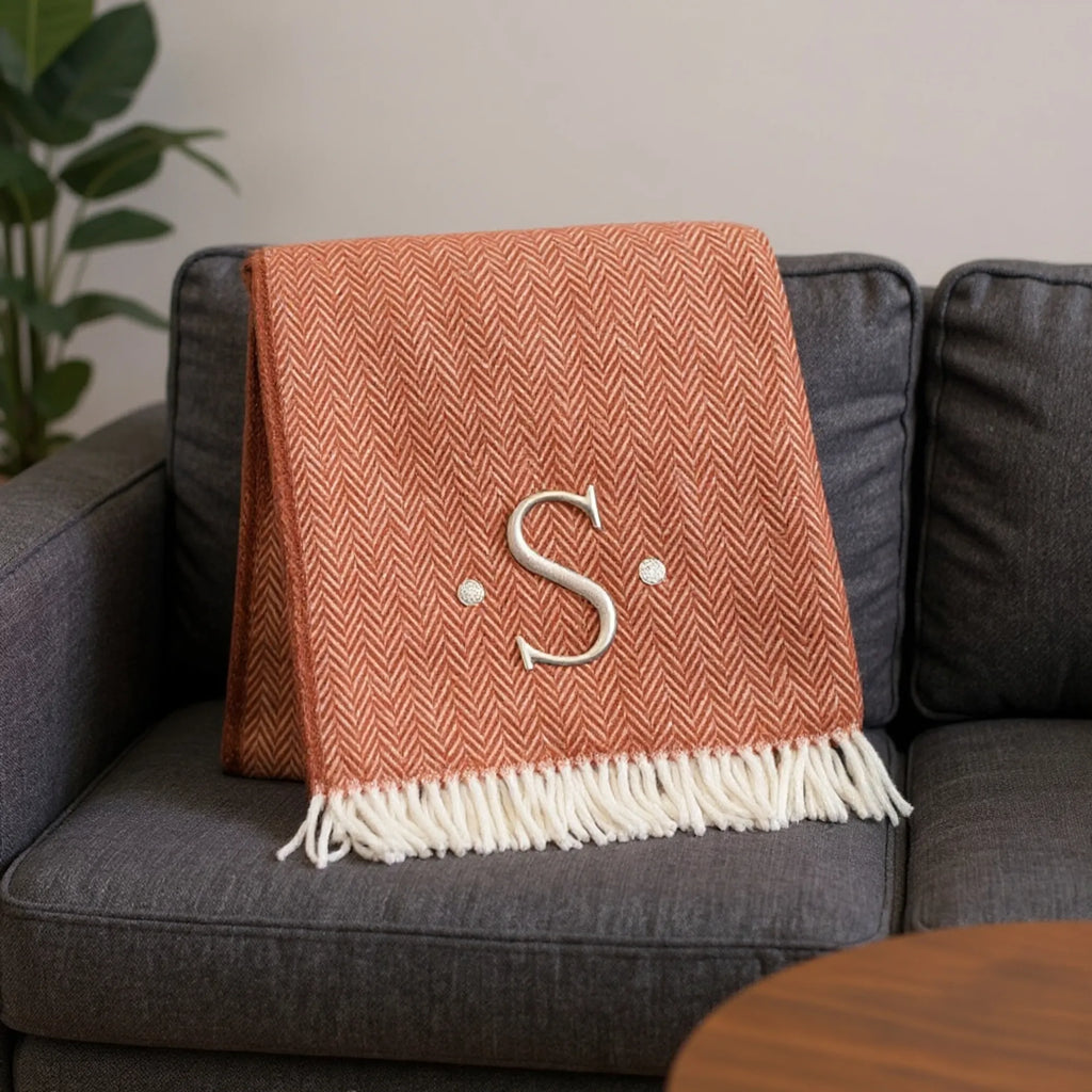 Herringbone Cotton Blend S Initial Throw Blanket with Tassels And Embroidery — view 2