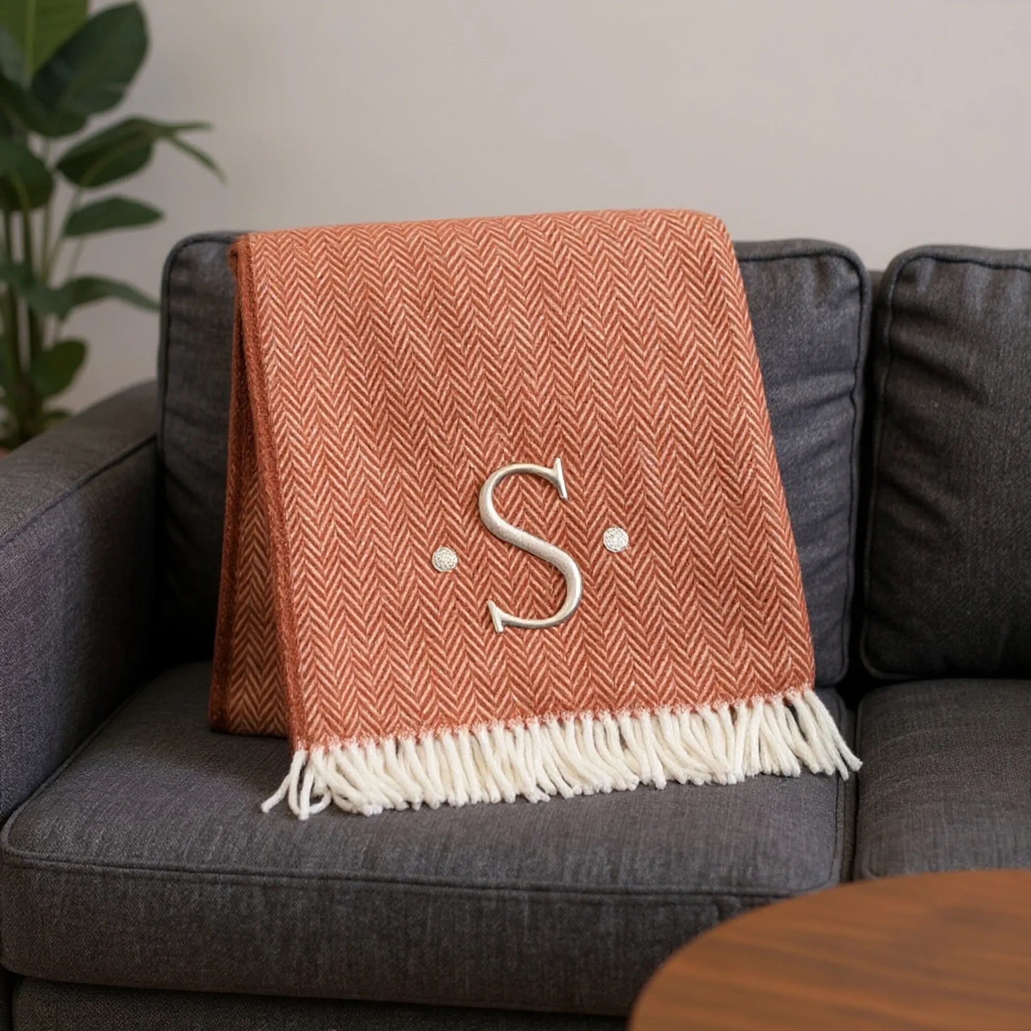 Herringbone Cotton Blend S Initial Throw Blanket with Tassels And Embroidery — view 2