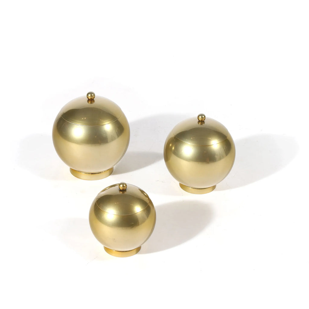 Set of Three Gold Metal Decorative Lidded Canisters — view 2