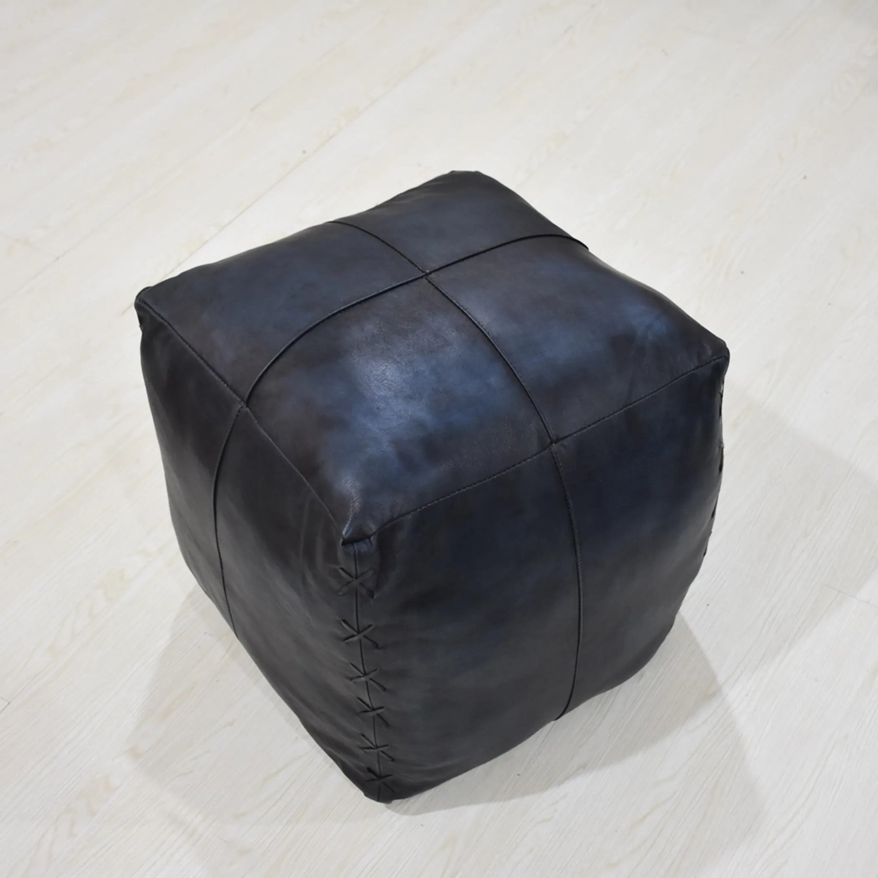 Solid Handmade Goat Leather Square Pouf (Recycled Cotton Fill) — view 3