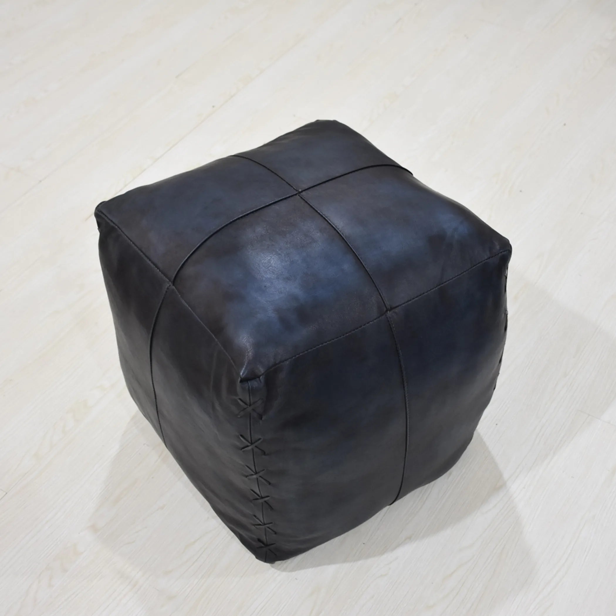 Solid Handmade Goat Leather Square Pouf (Recycled Cotton Fill) — view 3