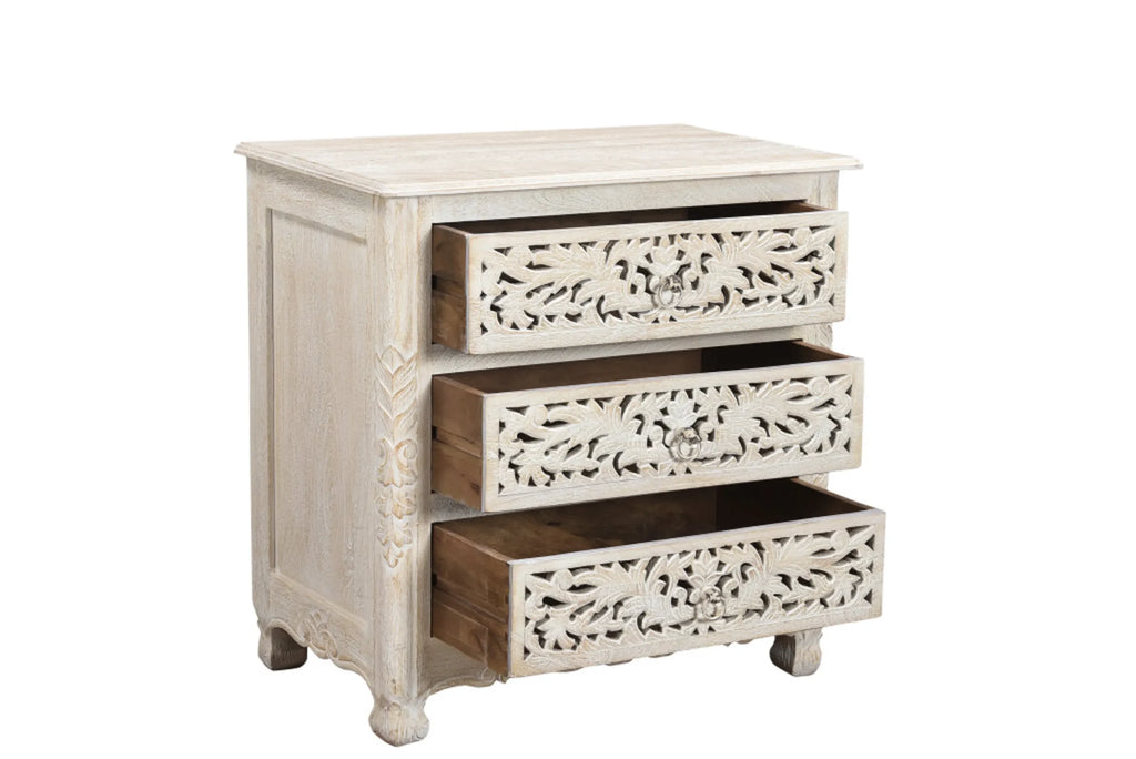 30″ White Solid Wood Distressed Three Drawer Nightstand — view 3
