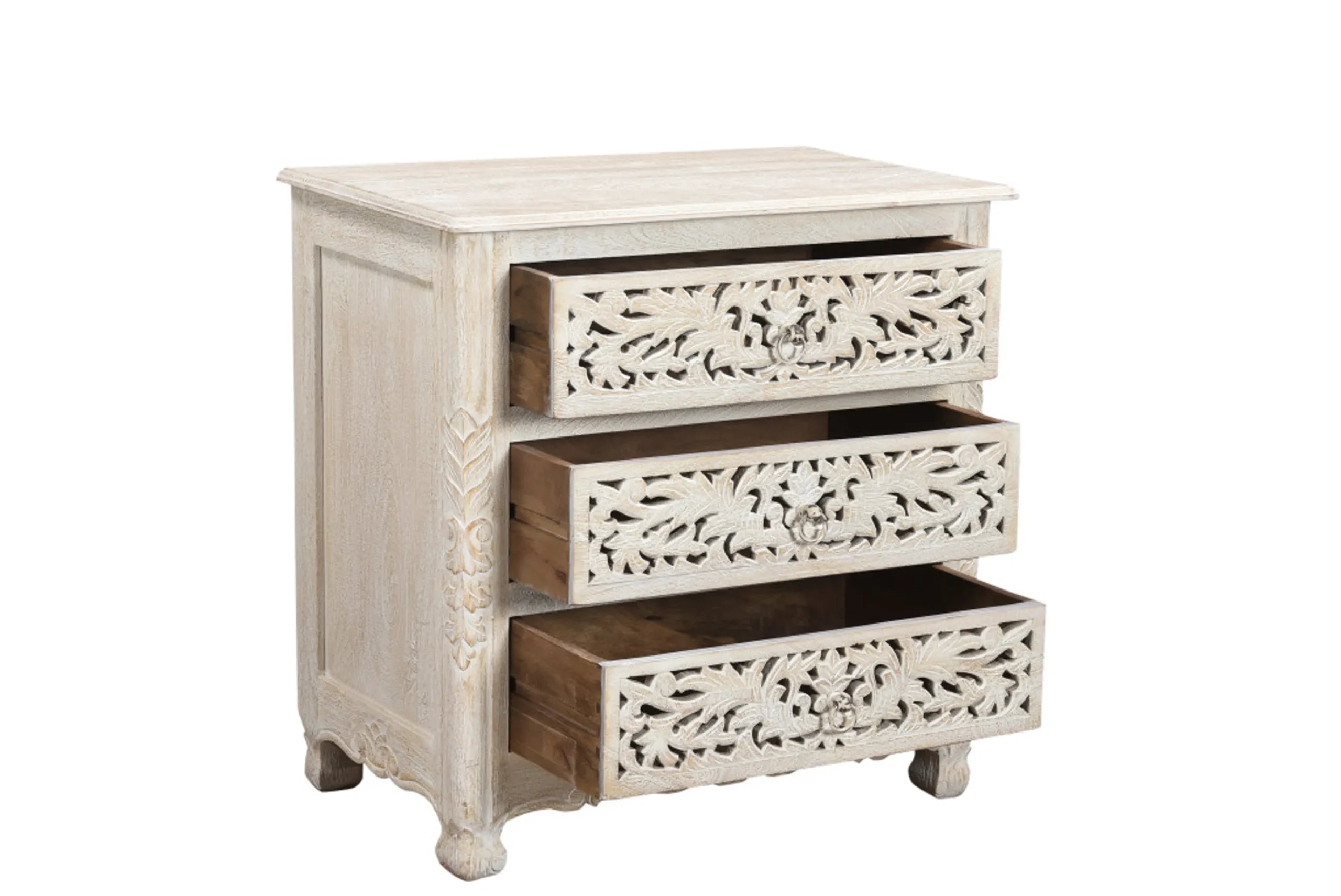 30″ White Solid Wood Distressed Three Drawer Nightstand — view 3