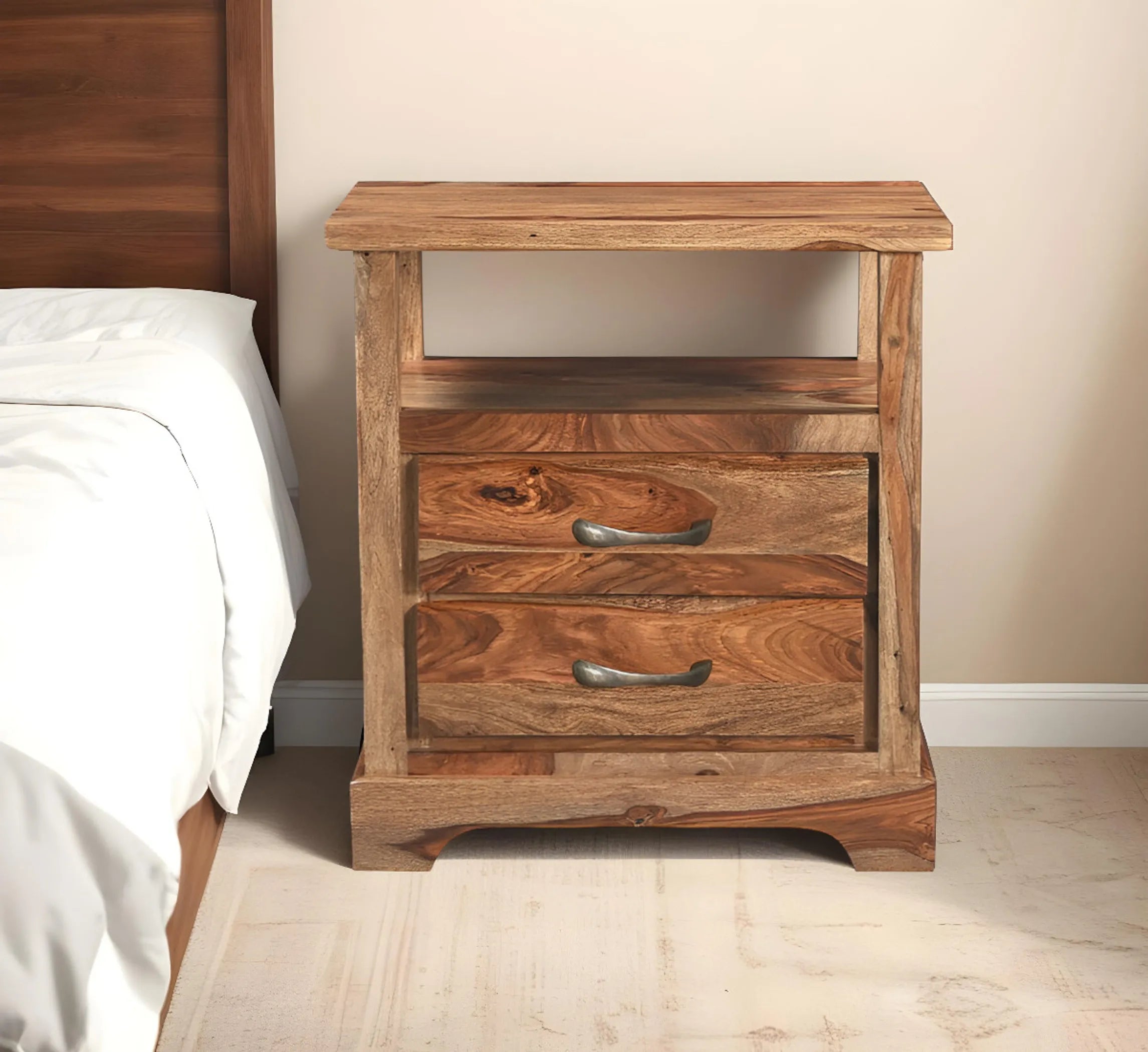 27″ Brown Solid Wood Two Drawer Nightstand