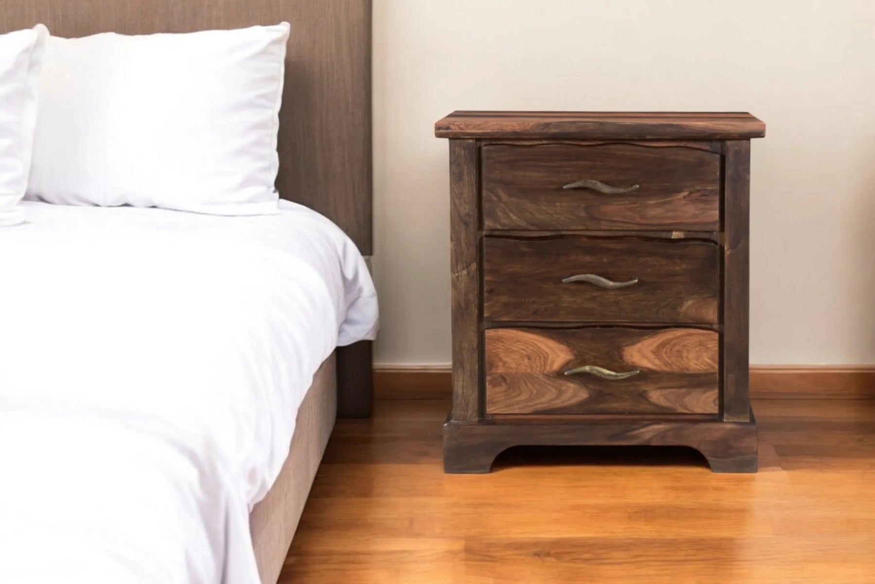 27″ Dark Brown Solid Wood Three Drawer Nightstand