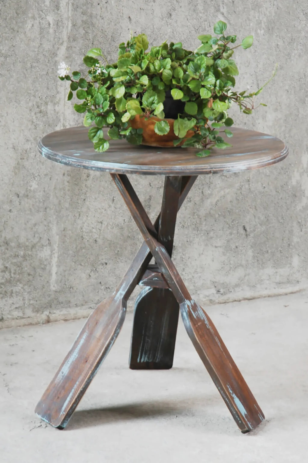 Sunset Trading Cottage Round Boat Oar Accent Table | Distressed Brown/Blue Solid Wood | Fully Assembled Nautical Stand — vie…