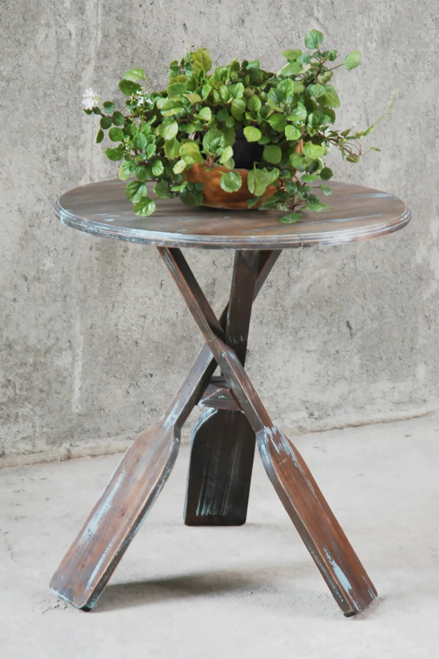 Sunset Trading Cottage Round Boat Oar Accent Table | Distressed Brown/Blue Solid Wood | Fully Assembled Nautical Stand — vie…