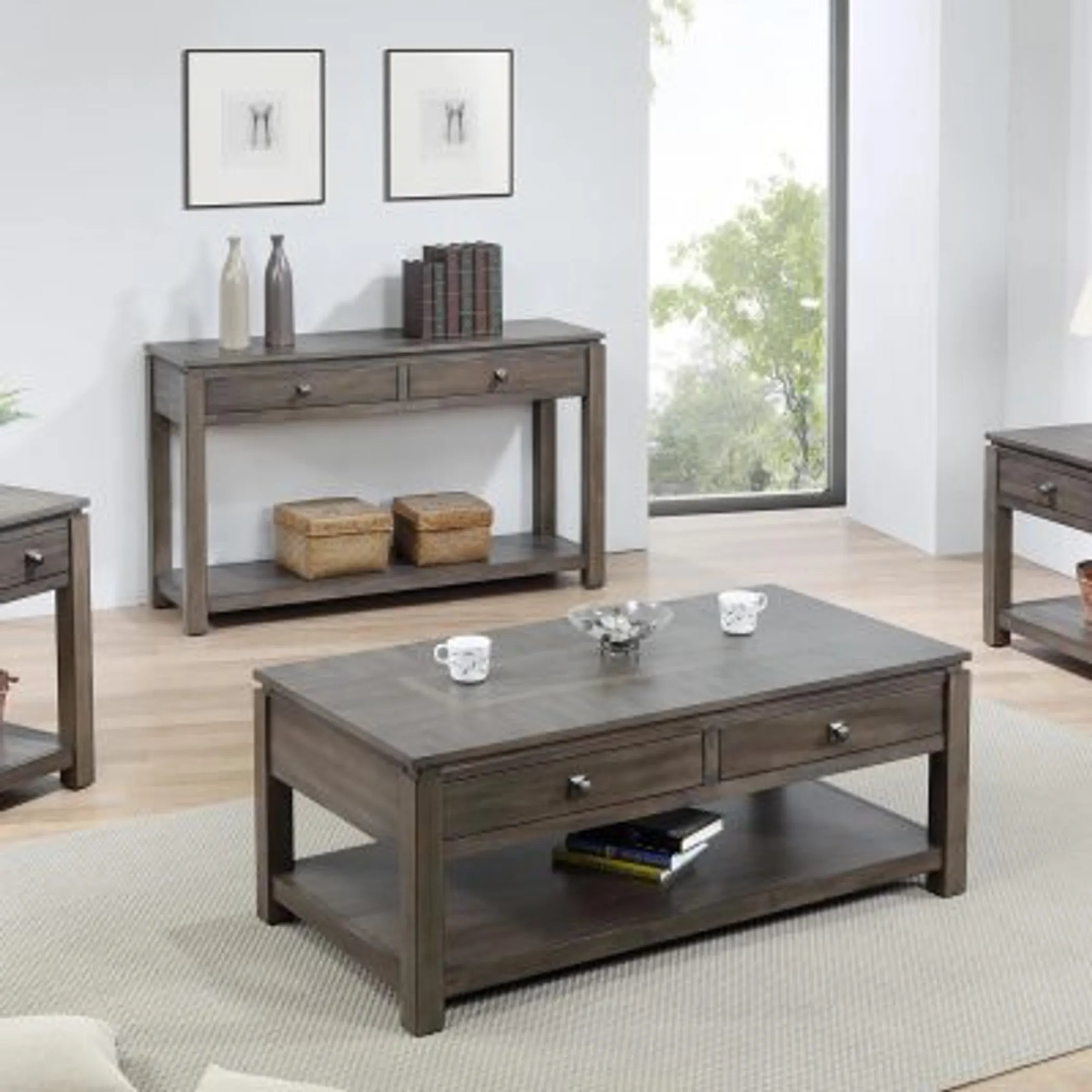 Sunset Trading Shades of Gray Coffee Table with Drawers and Shelf — view 2