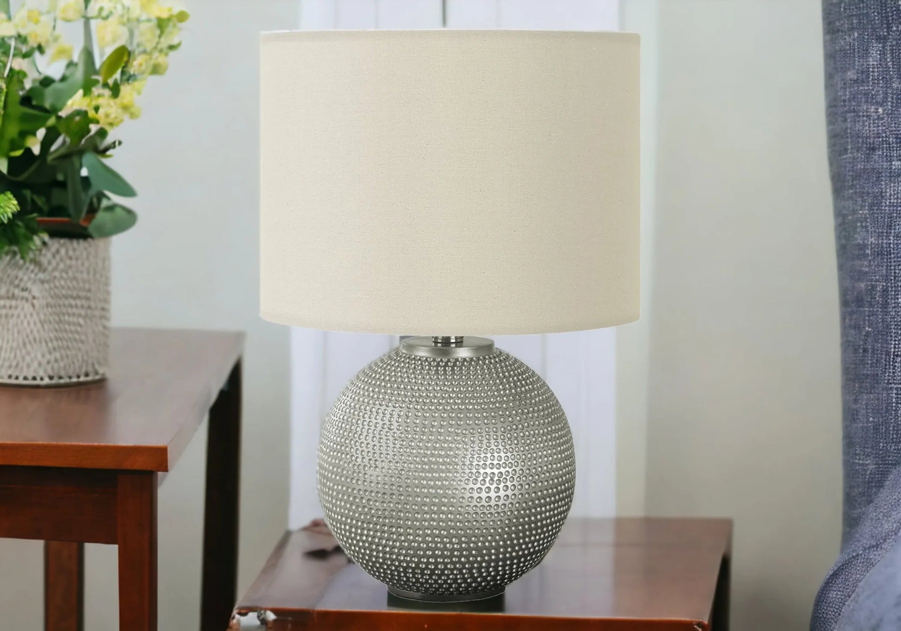 19″ Gray Round Table Lamp With Ivory Drum Shade — view 2