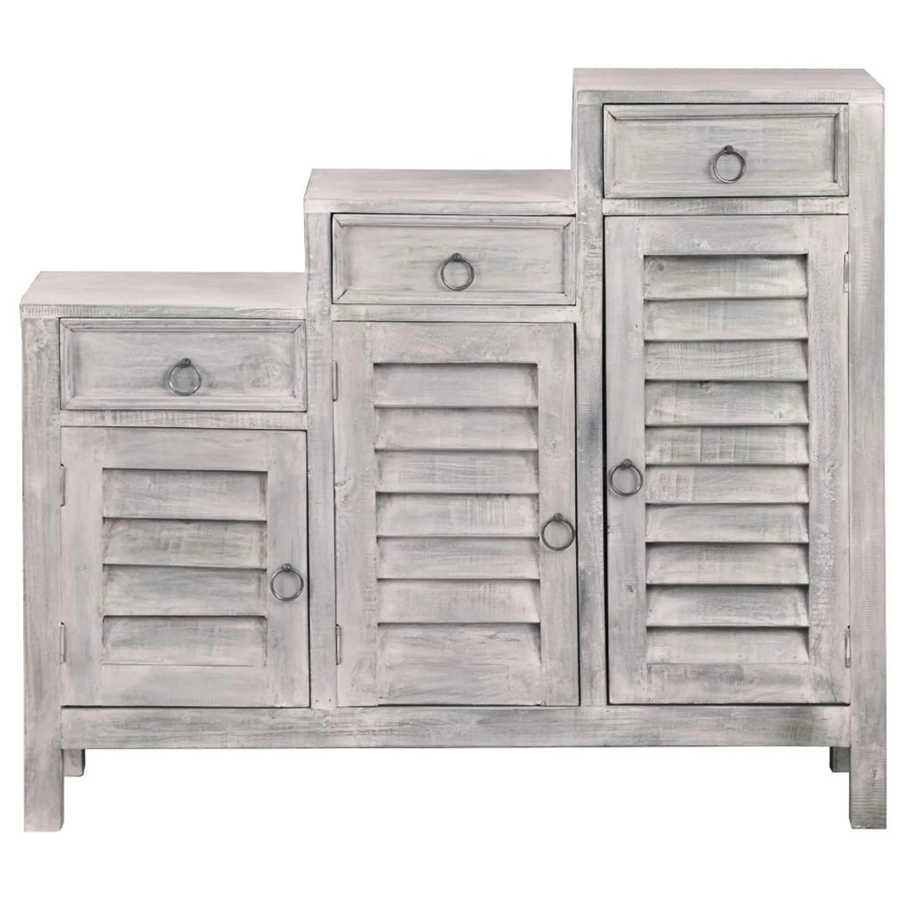 Sunset Trading Cottage Three Tiered Shutter Cabinet | Distressed Light Gray Solid Wood | Fully Assembled Accent Storage Shel…