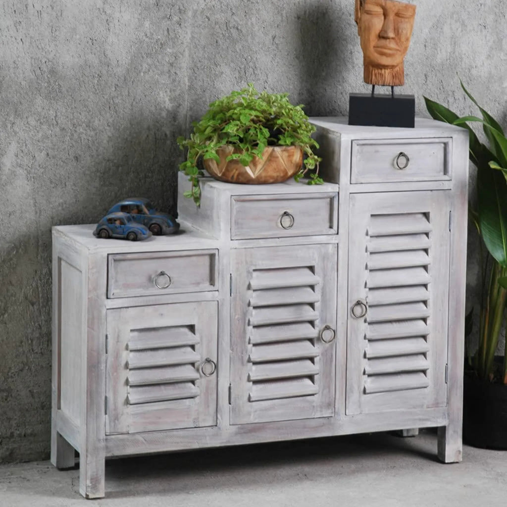 Sunset Trading Cottage Three Tiered Shutter Cabinet | Distressed Light Gray Solid Wood | Fully Assembled Accent Storage Shel…