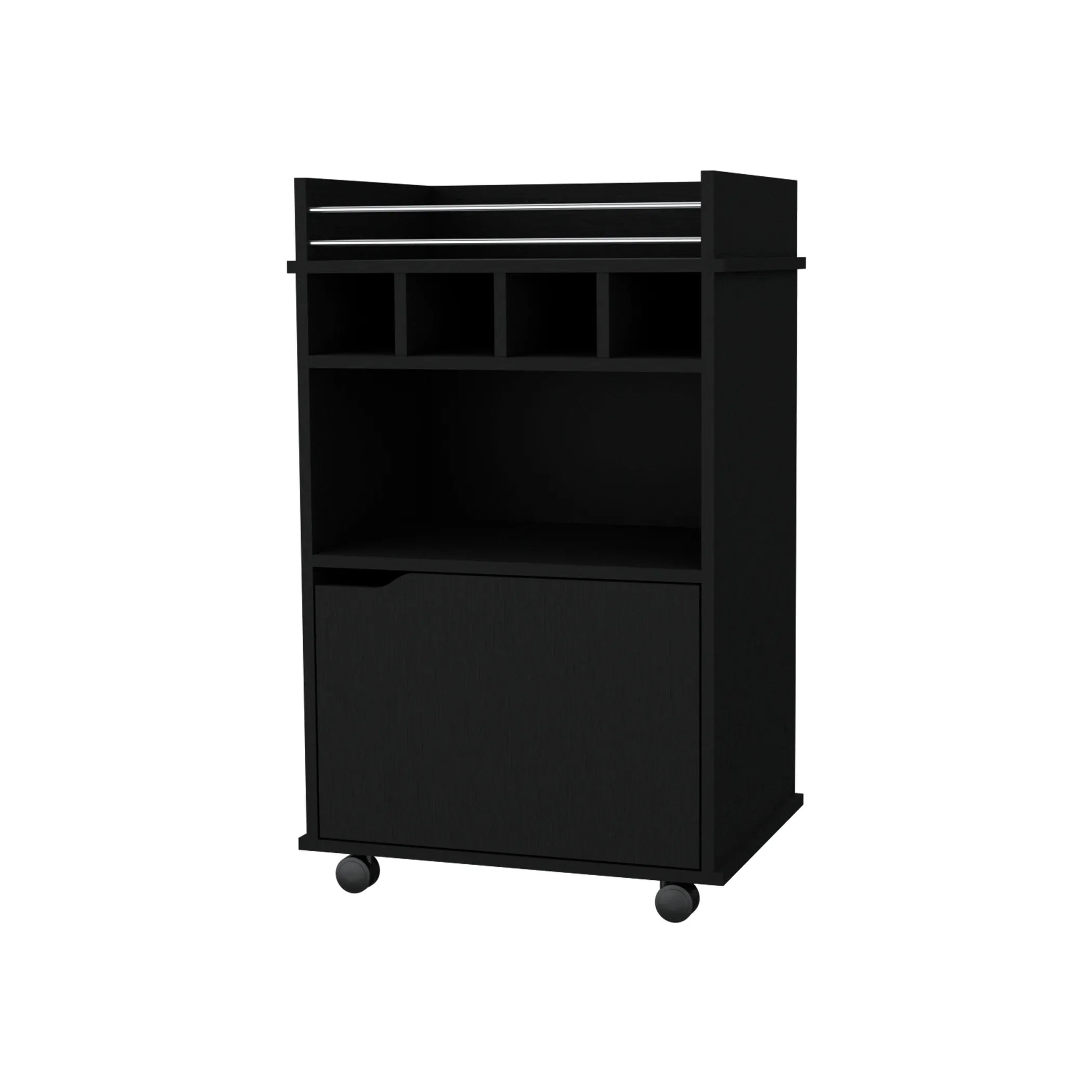 22″ Black Wood Rolling Bar Cart With Wine Storage — view 2