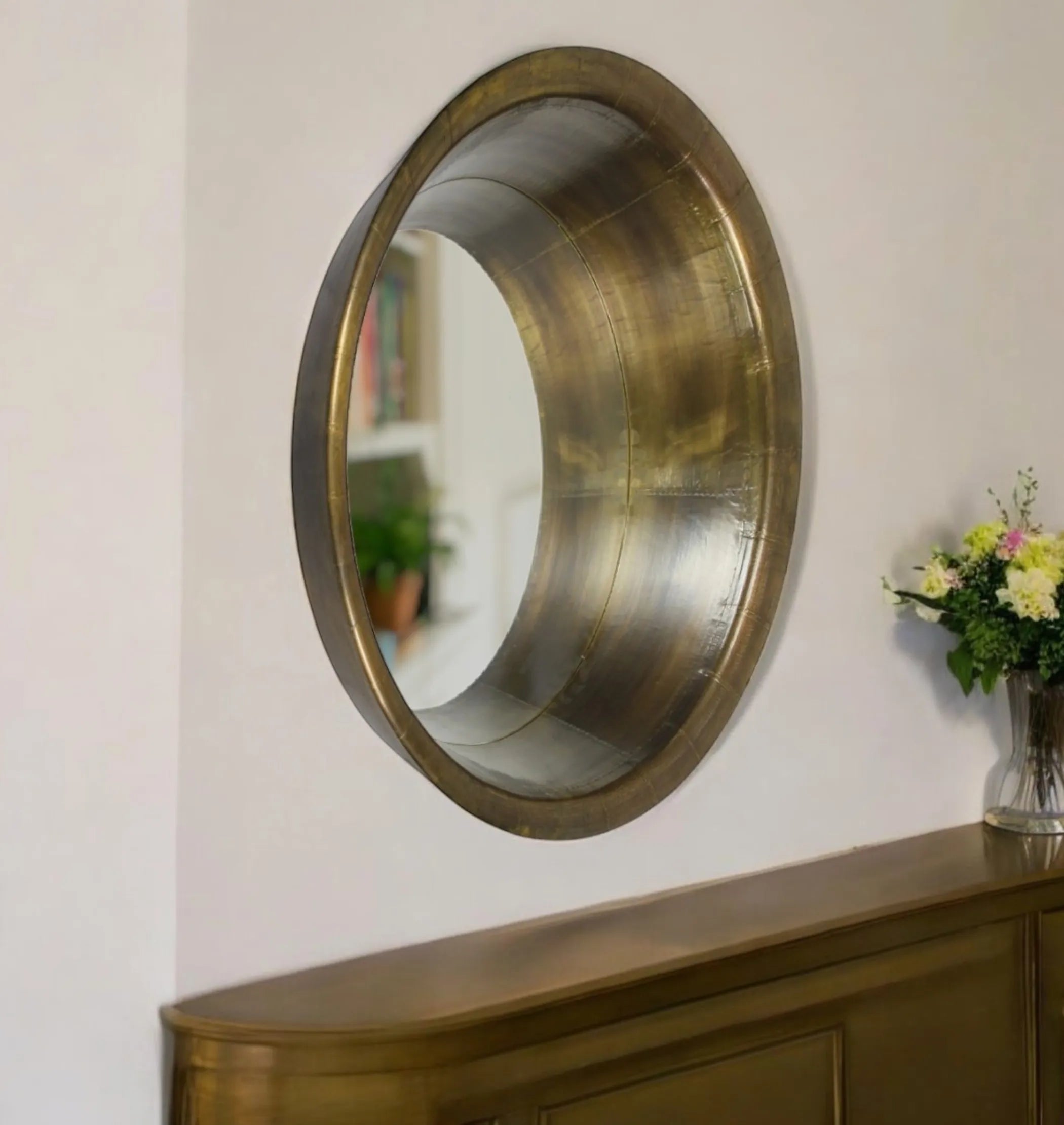 21″ Brass Round Metal Framed Accent Mirror