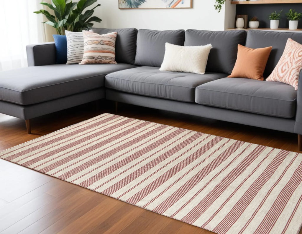 10′ X 14′ Red And Ivory Striped Dhurrie Hand Woven Stain Resistant Area Rug