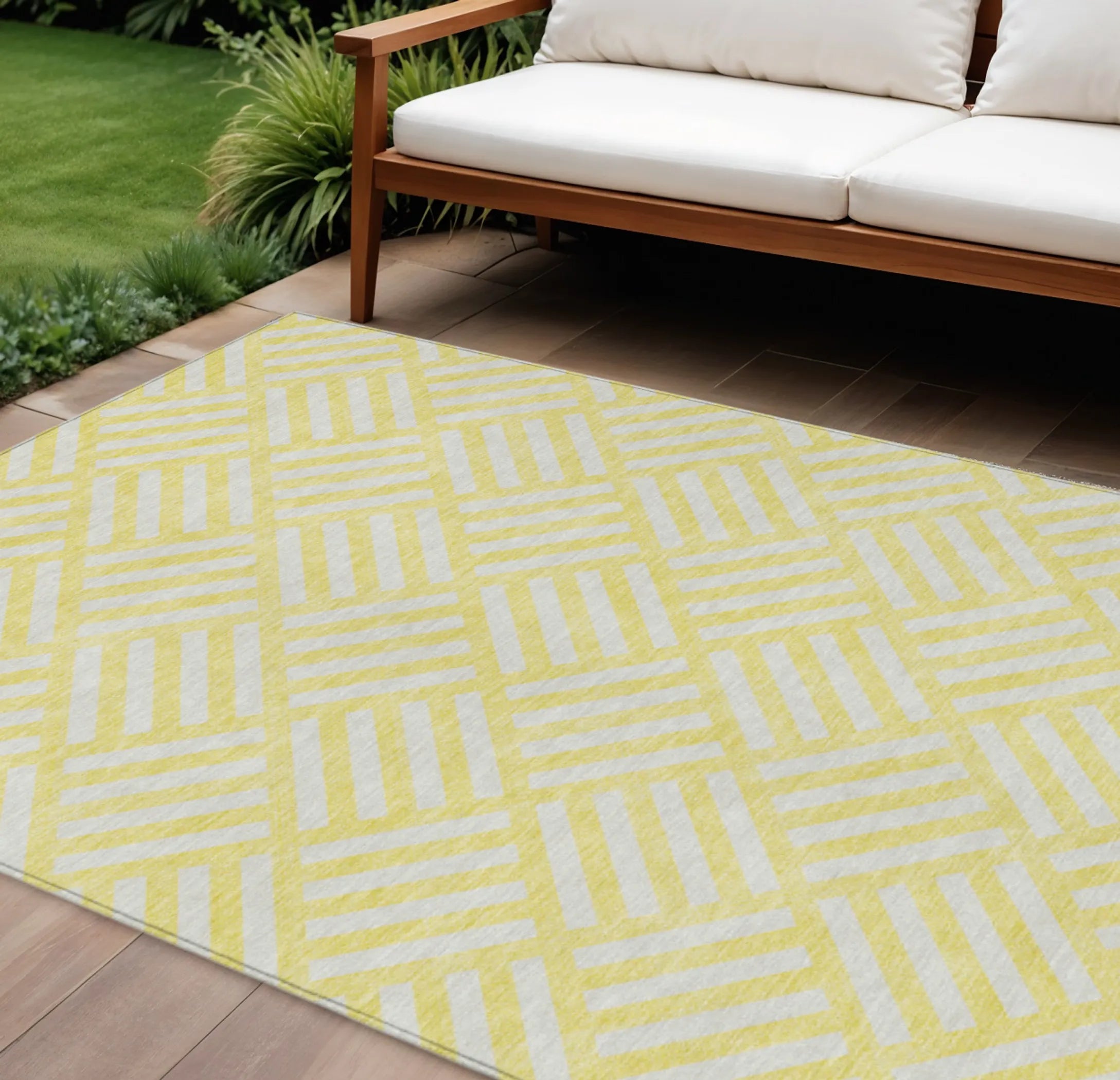 10′ X 14′ Yellow And Ivory Geometric Washable Indoor Outdoor Area Rug
