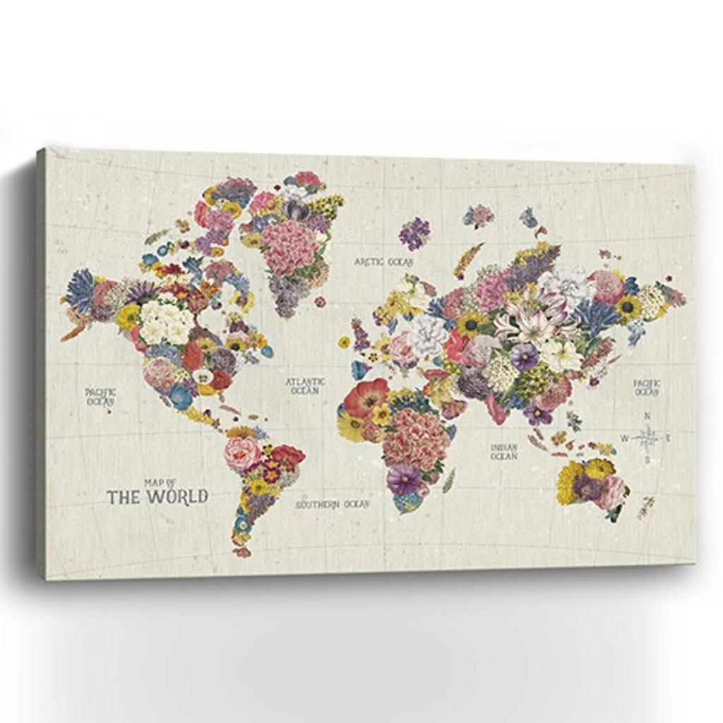 48″ x 32″ Fun Floral Map of the World Canvas Wall Art
