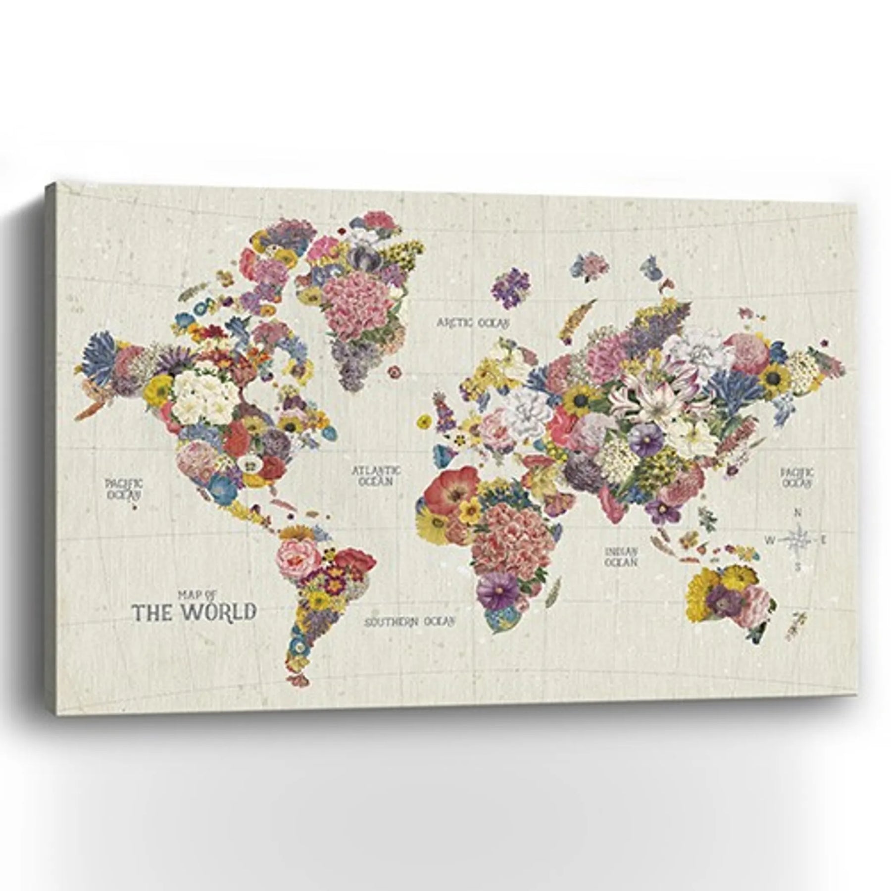 48″ x 32″ Fun Floral Map of the World Canvas Wall Art