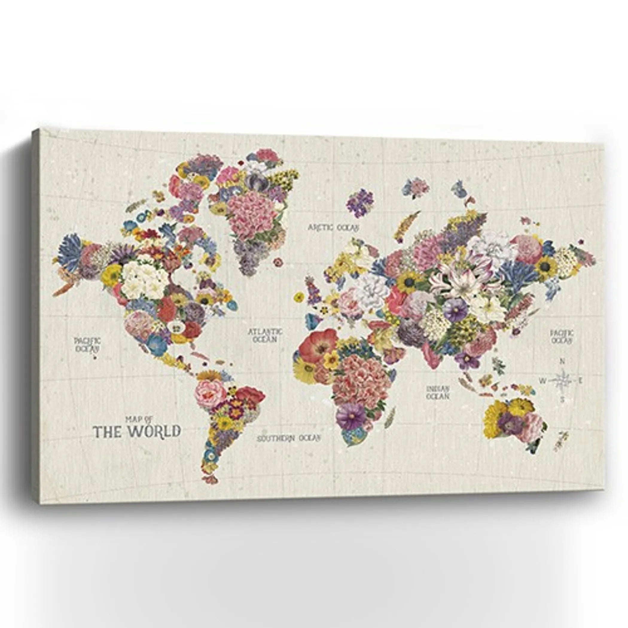 48″ x 32″ Fun Floral Map of the World Canvas Wall Art