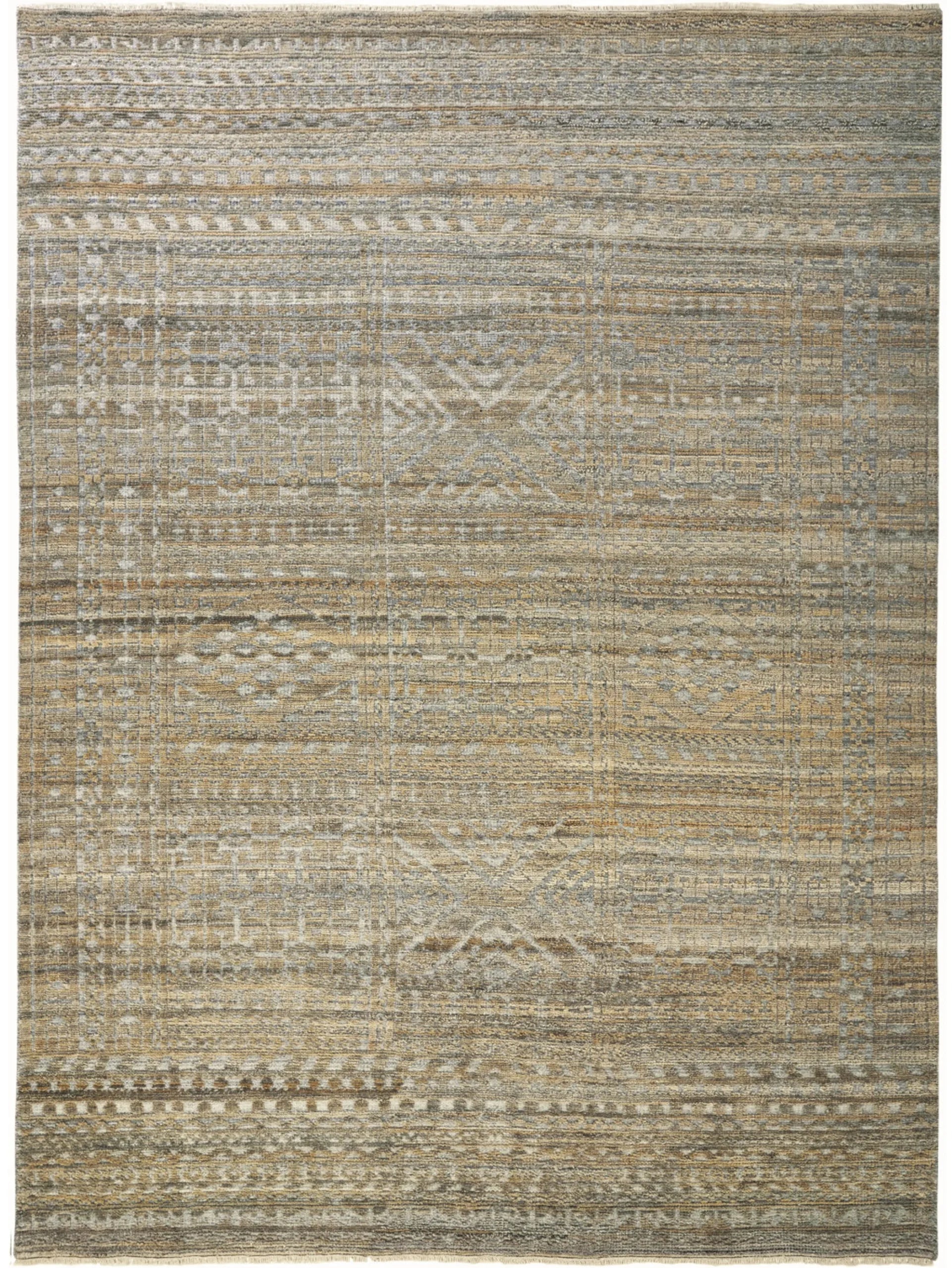 6′ X 9′ Gold and Tan Geometric Hand Knotted Worn Faded Area Rug — view 3