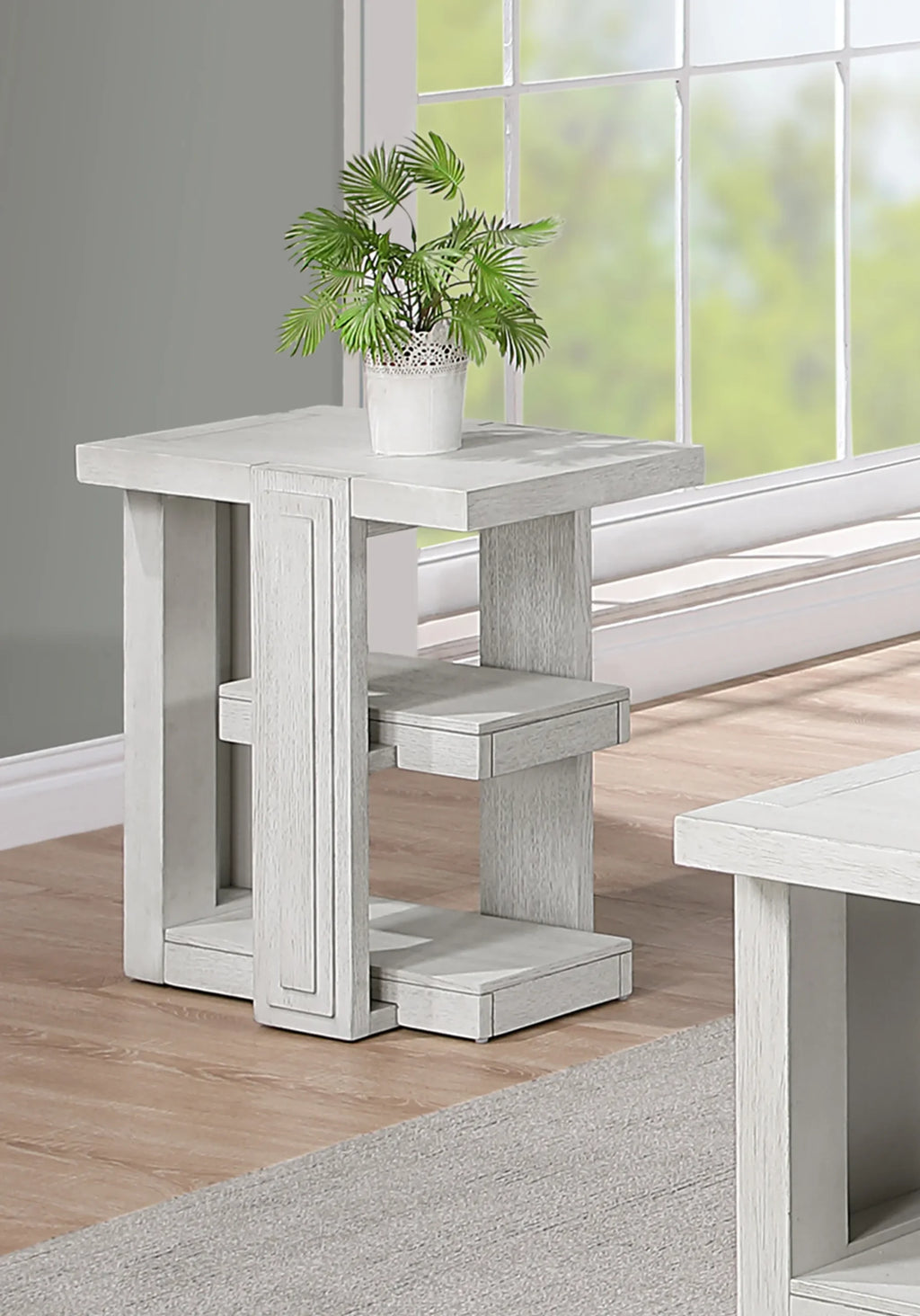 Sunset Trading Dover Chairside 14″ Slim Rectangular Side End Table with Storage Shelves | Cerused White Oak Wood — view 2
