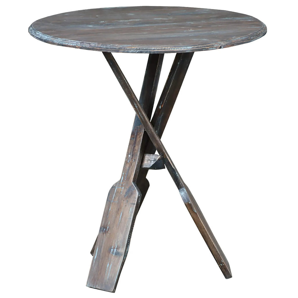 Sunset Trading Cottage Round Boat Oar Accent Table | Distressed Brown/Blue Solid Wood | Fully Assembled Nautical Stand