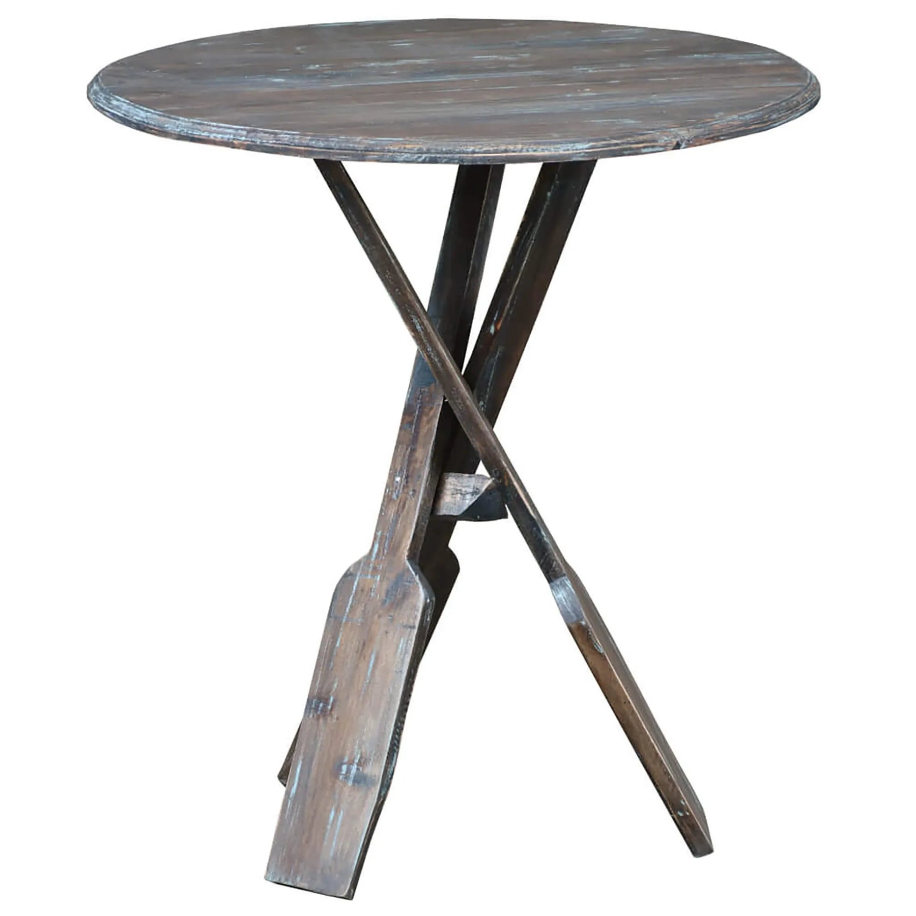 Sunset Trading Cottage Round Boat Oar Accent Table | Distressed Brown/Blue Solid Wood | Fully Assembled Nautical Stand