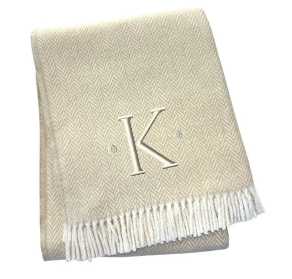 Herringbone Cotton Blend K Initial Throw Blanket with Tassels And Embroidery — view 3
