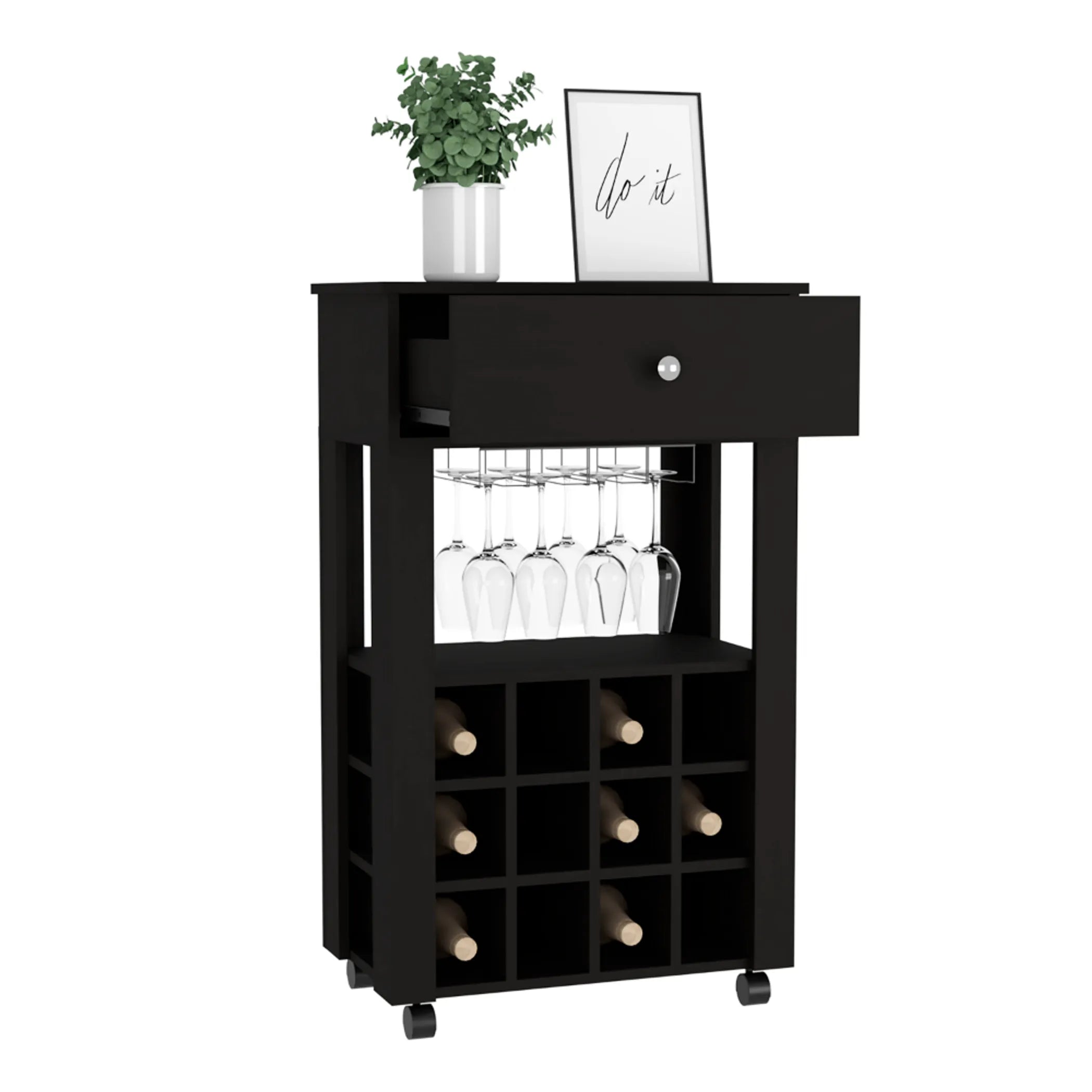 Memphis Bar Cart, Twelve Wine Cubbies, Four Legs, One Open Shelf — view 2