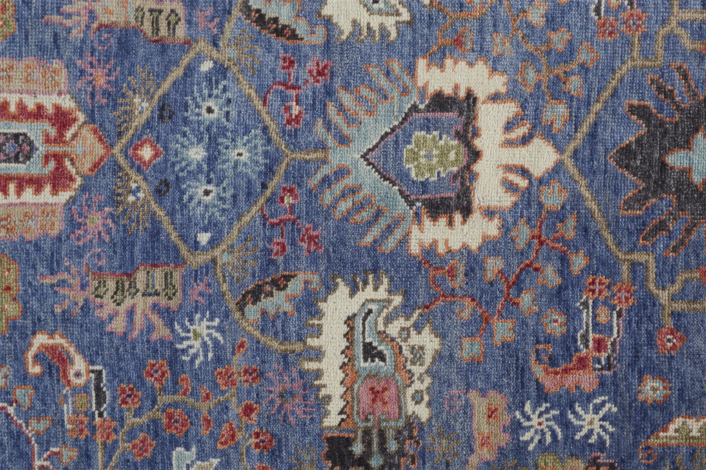 8′ Blue and Beige Wool Floral Hand Knotted Runner Rug With Fringe — view 4