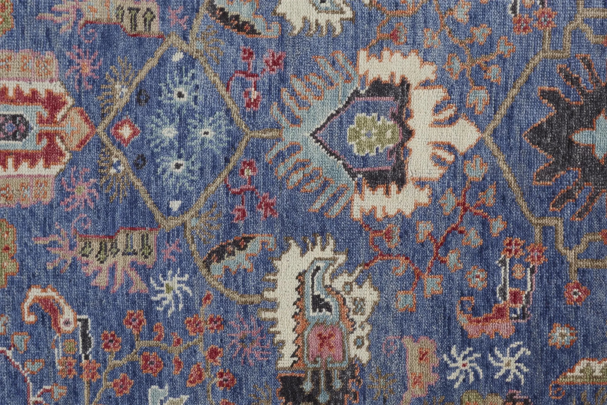 8′ Blue and Beige Wool Floral Hand Knotted Runner Rug With Fringe — view 4