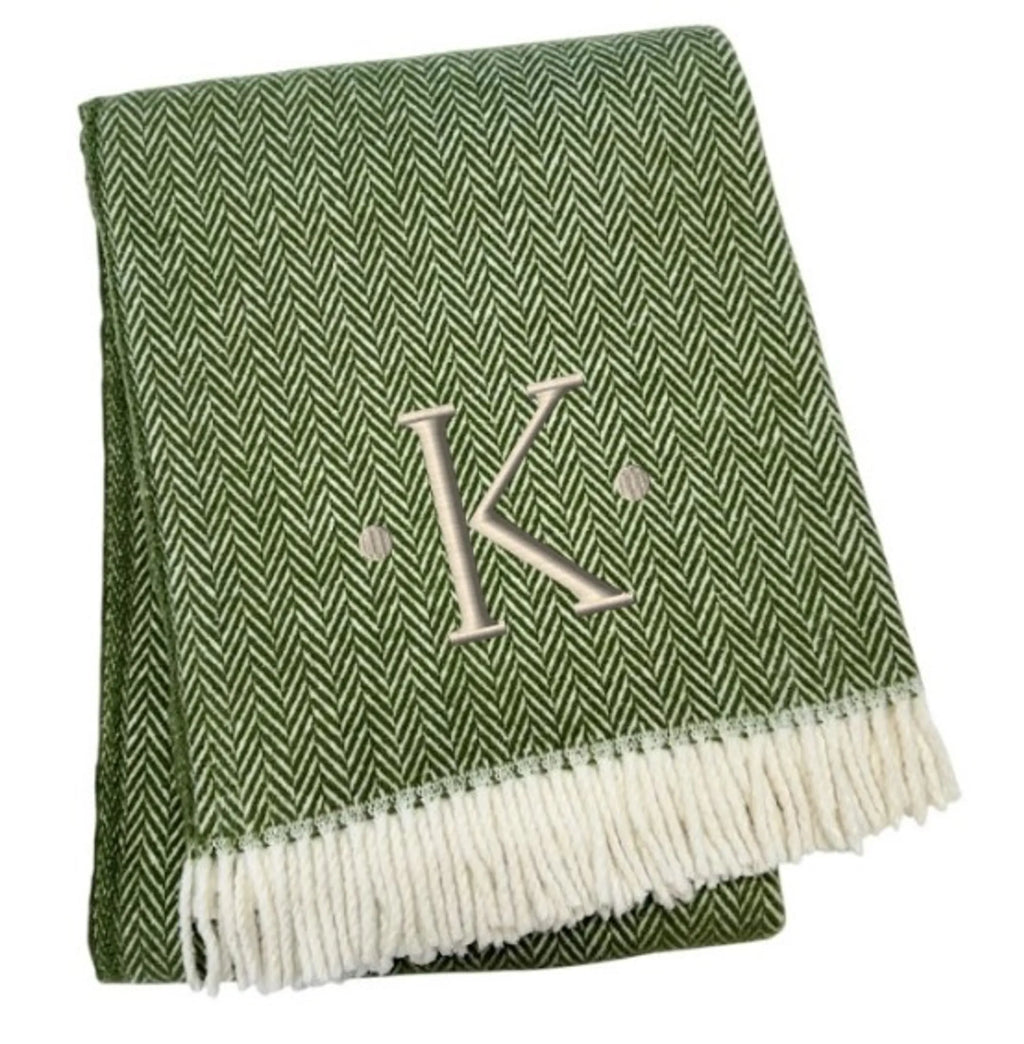 Herringbone Cotton Blend K Initial Throw Blanket with Tassels And Embroidery — view 3