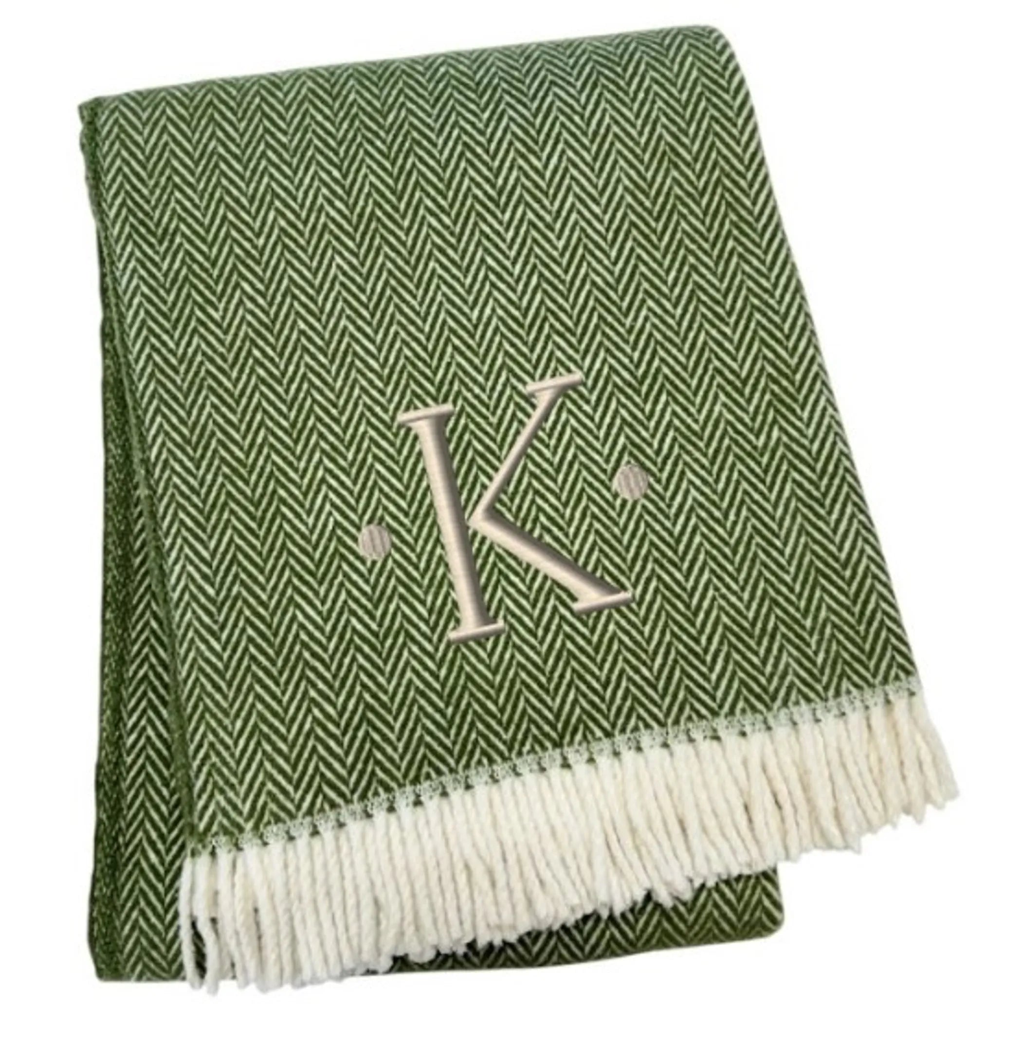 Herringbone Cotton Blend K Initial Throw Blanket with Tassels And Embroidery — view 3