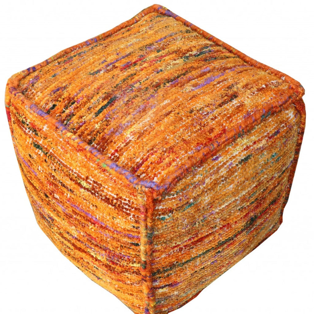 18″ Orange Recycled Silk and Cotton Blend Cube Pouf Ottoman — view 4