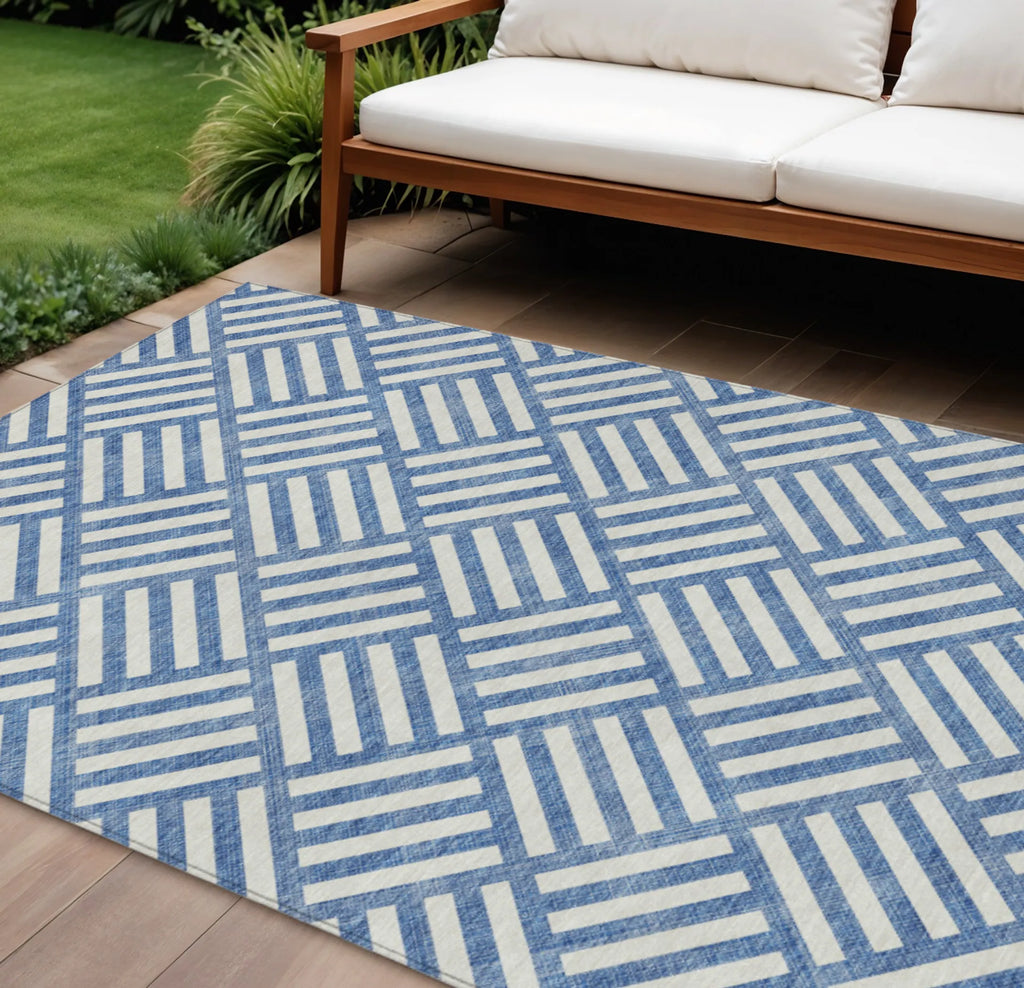 10′ X 14′ Blue And Ivory Geometric Washable Indoor Outdoor Area Rug