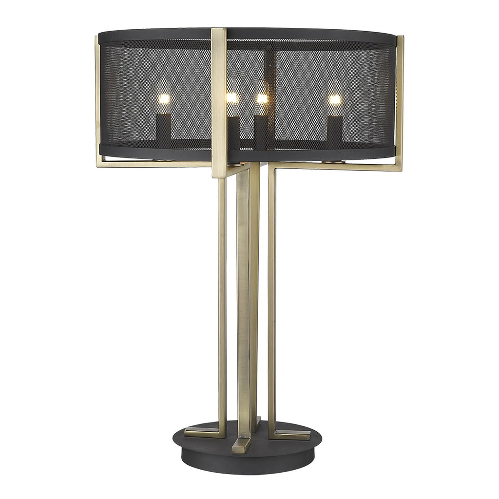 25″ Brass Metal Four Light Geometric Table Lamp With Black Drum Shade — view 3