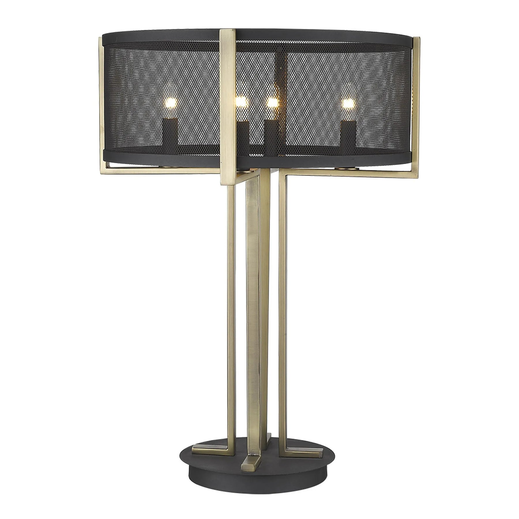 25″ Brass Metal Four Light Geometric Table Lamp With Black Drum Shade — view 3