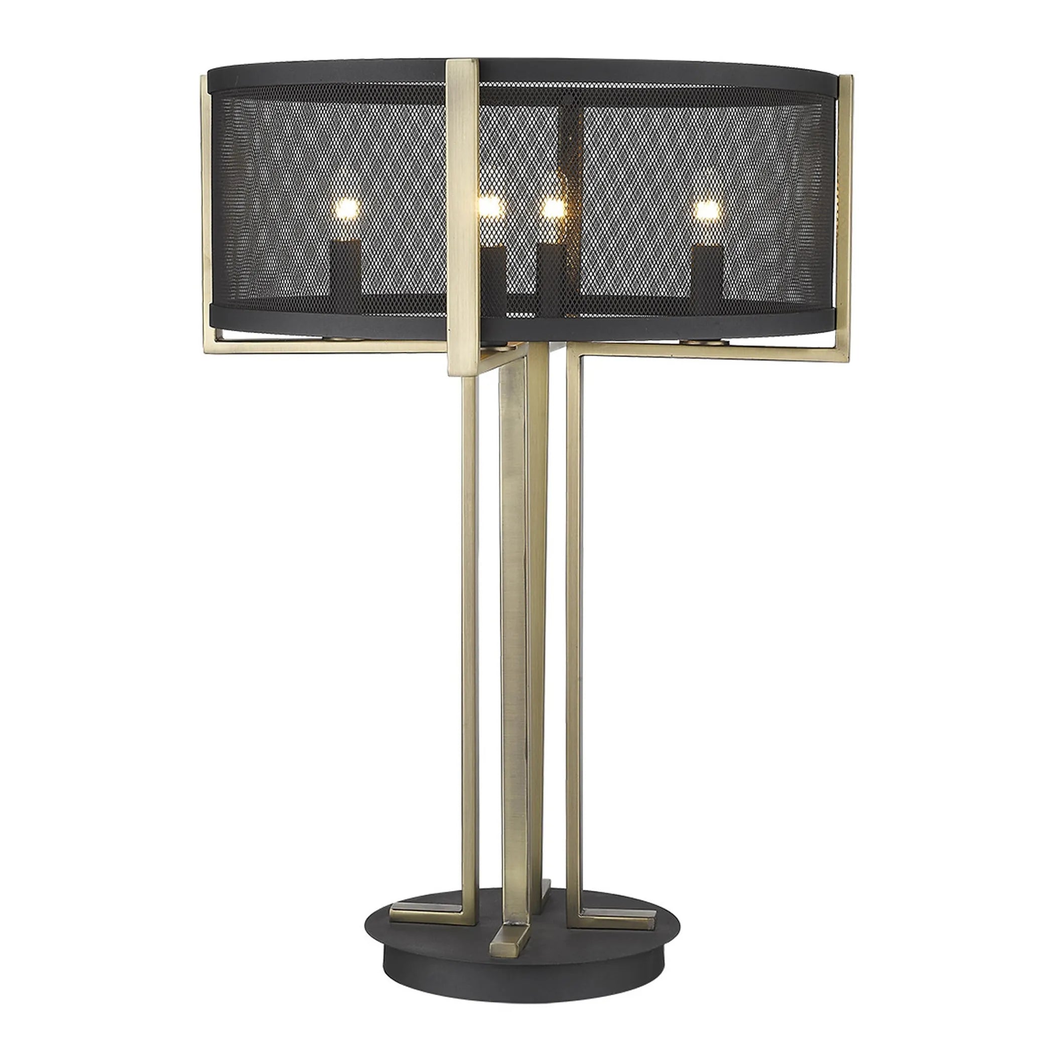 25″ Brass Metal Four Light Geometric Table Lamp With Black Drum Shade — view 3