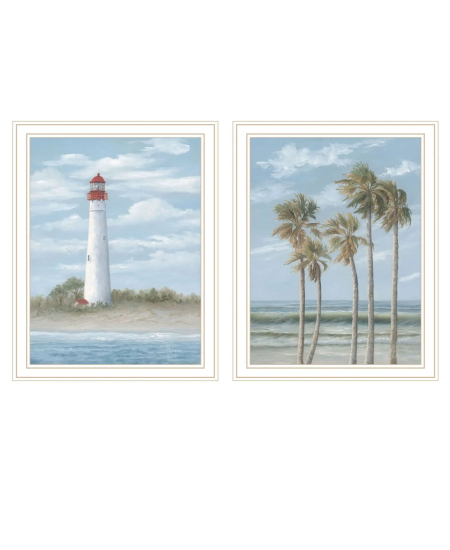 Set Of Two Cape May Lighthouse And Palm Trees White Framed Wall Art — view 2