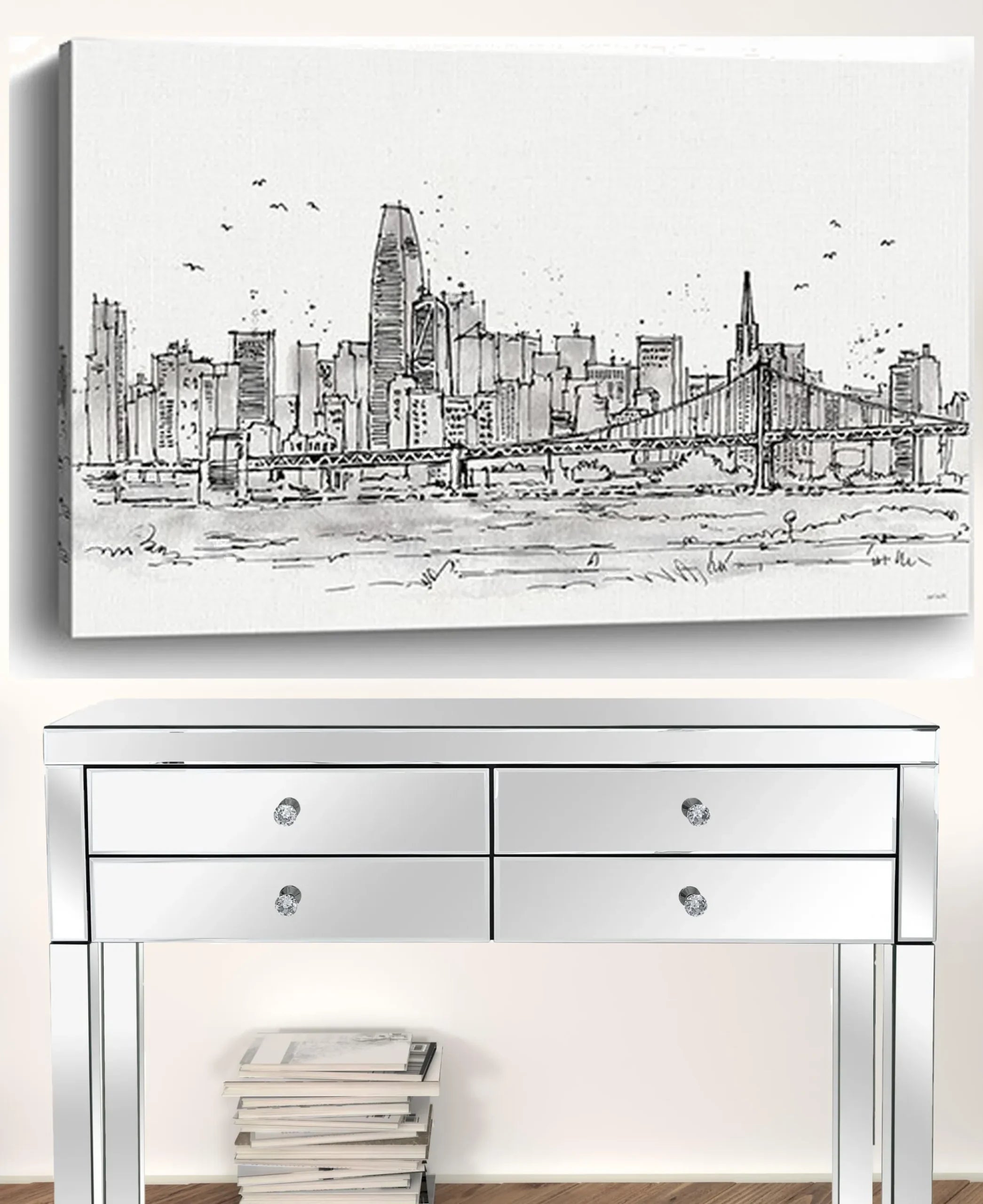 Monochrome City Skyline Sketch Unframed Print Wall Art — view 2