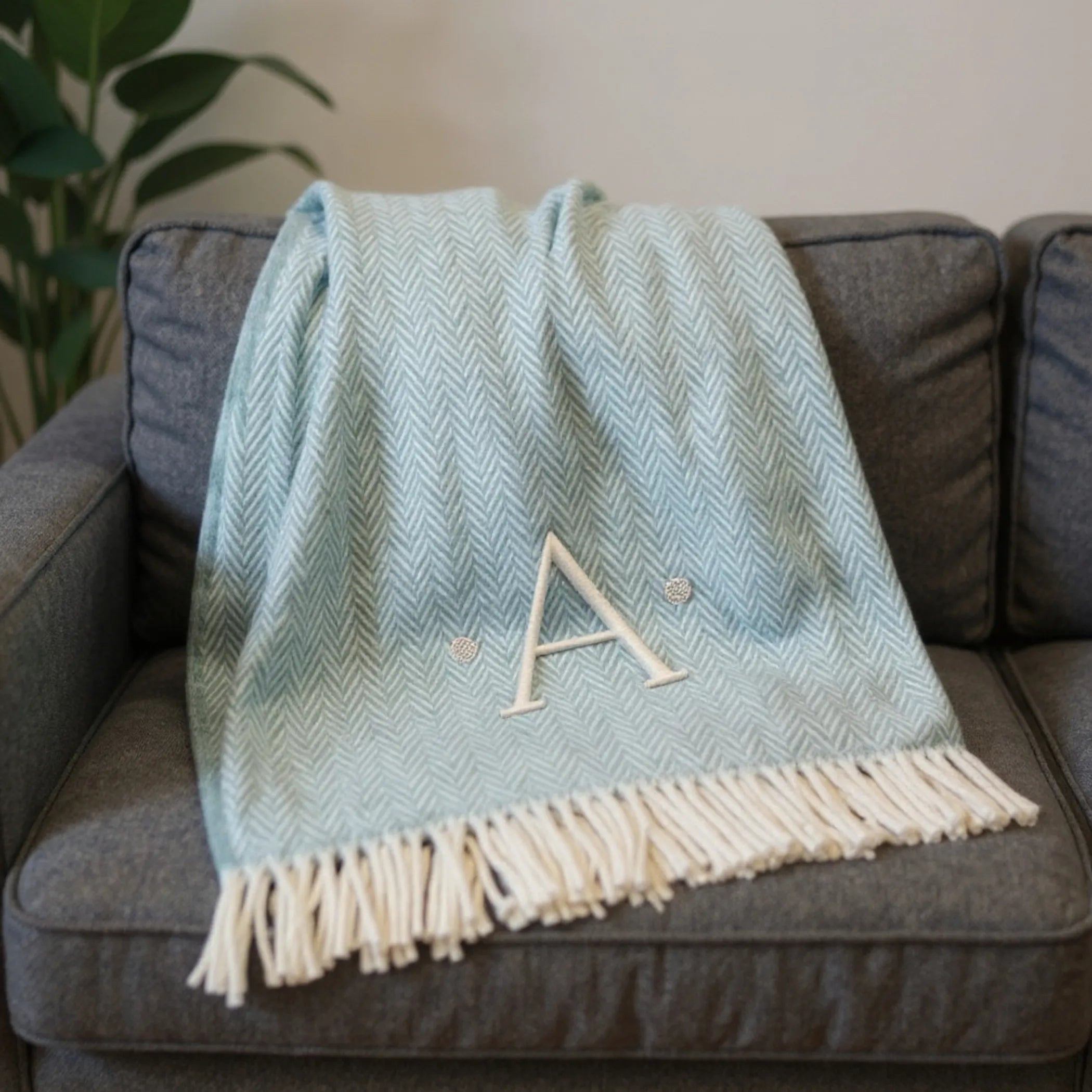 Herringbone Cotton Blend A Initial Throw Blanket with Tassels And Embroidery — view 2