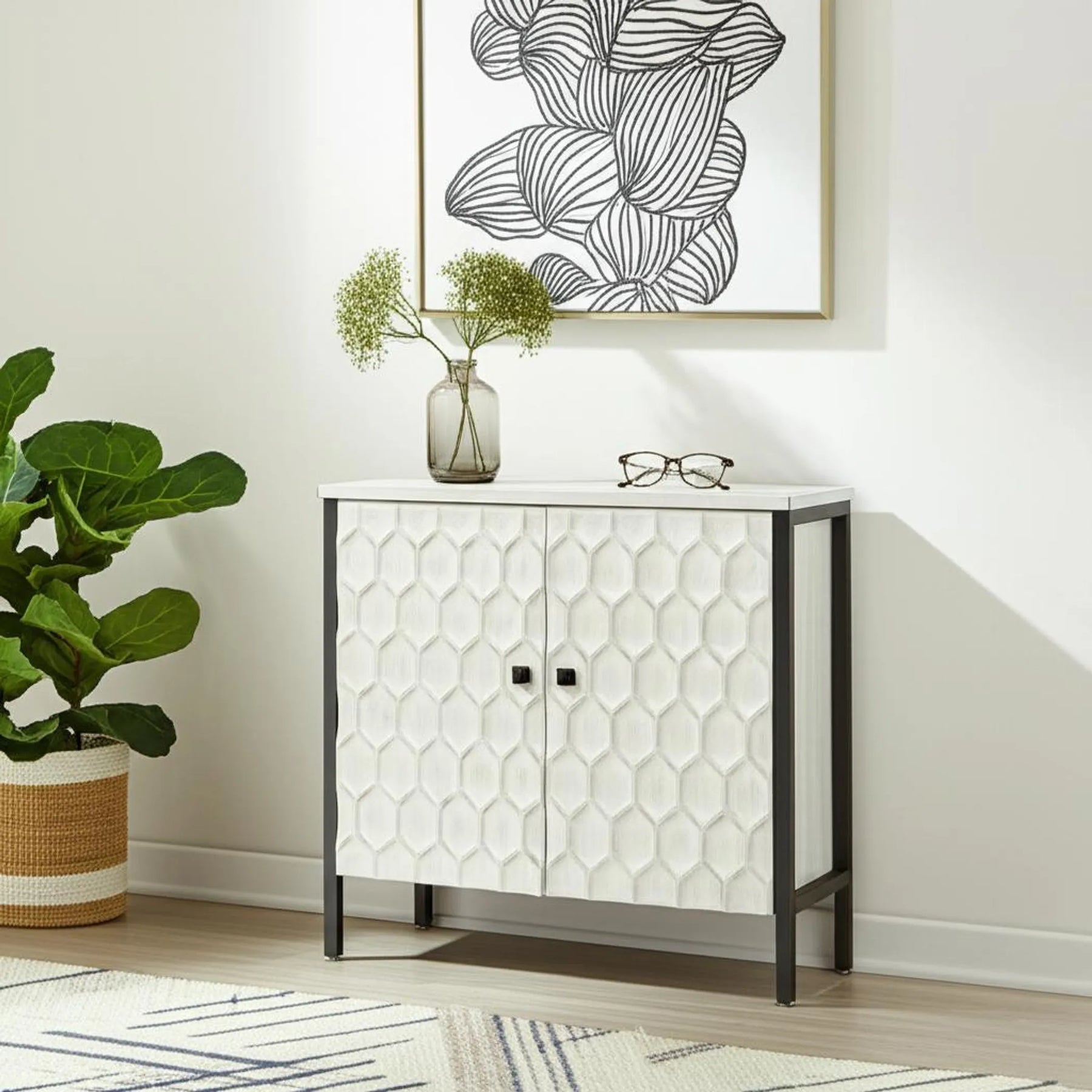 Wood and Metal Carved Geometric Accent Cabinet With Two Doors