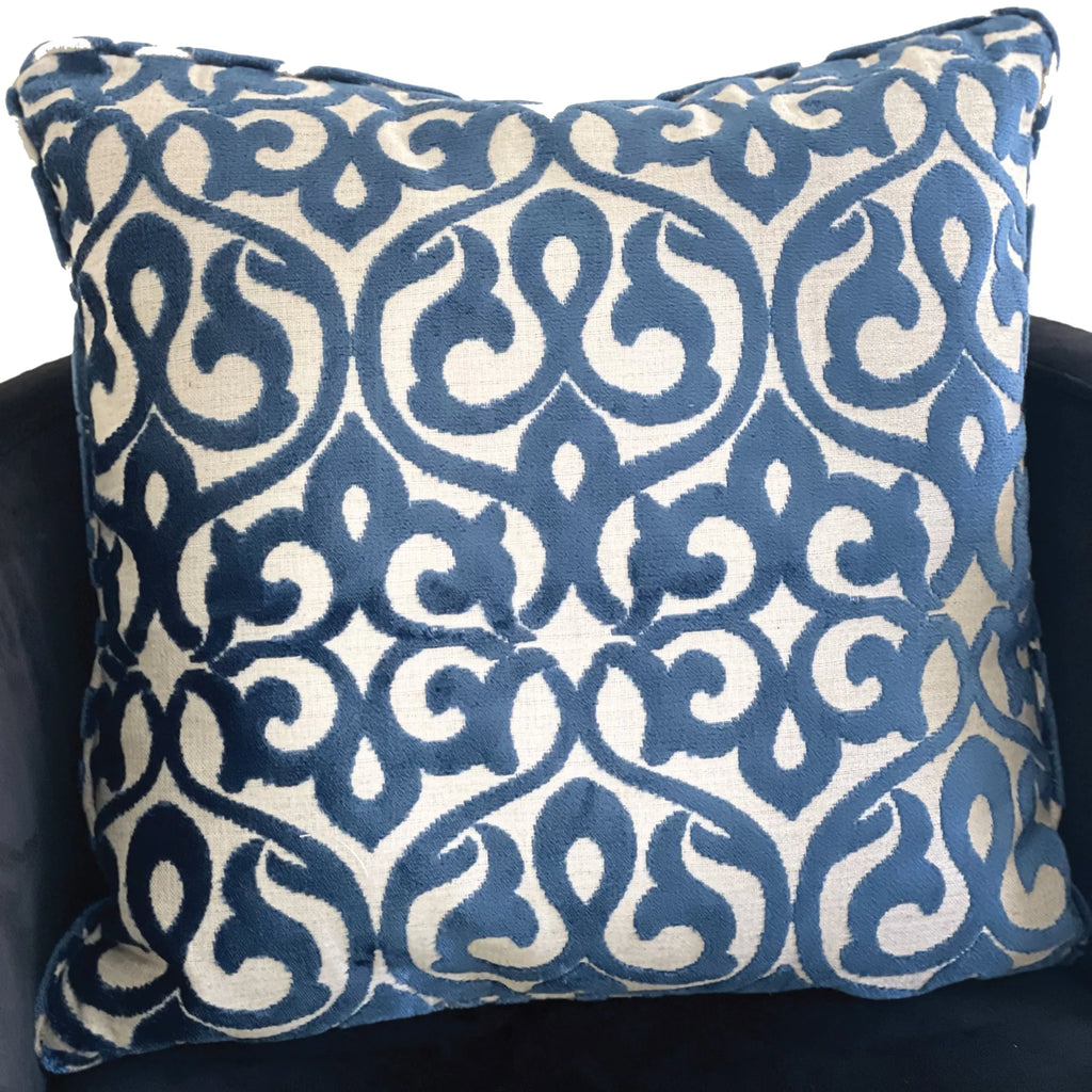 Plutus Velvety French Medallion Blue and Off White Geometric Luxury Throw Pillow — view 2