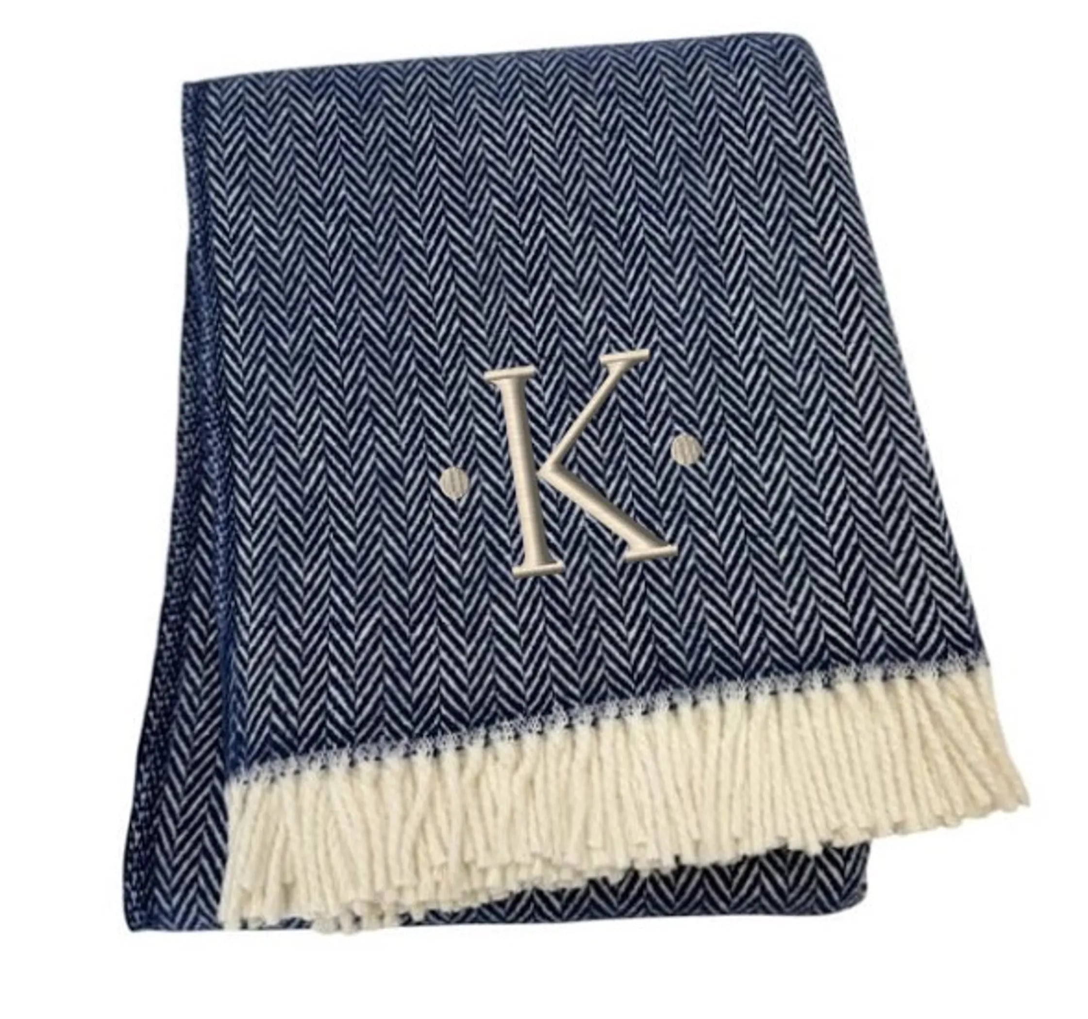 Herringbone Cotton Blend K Initial Throw Blanket with Tassels And Embroidery — view 3