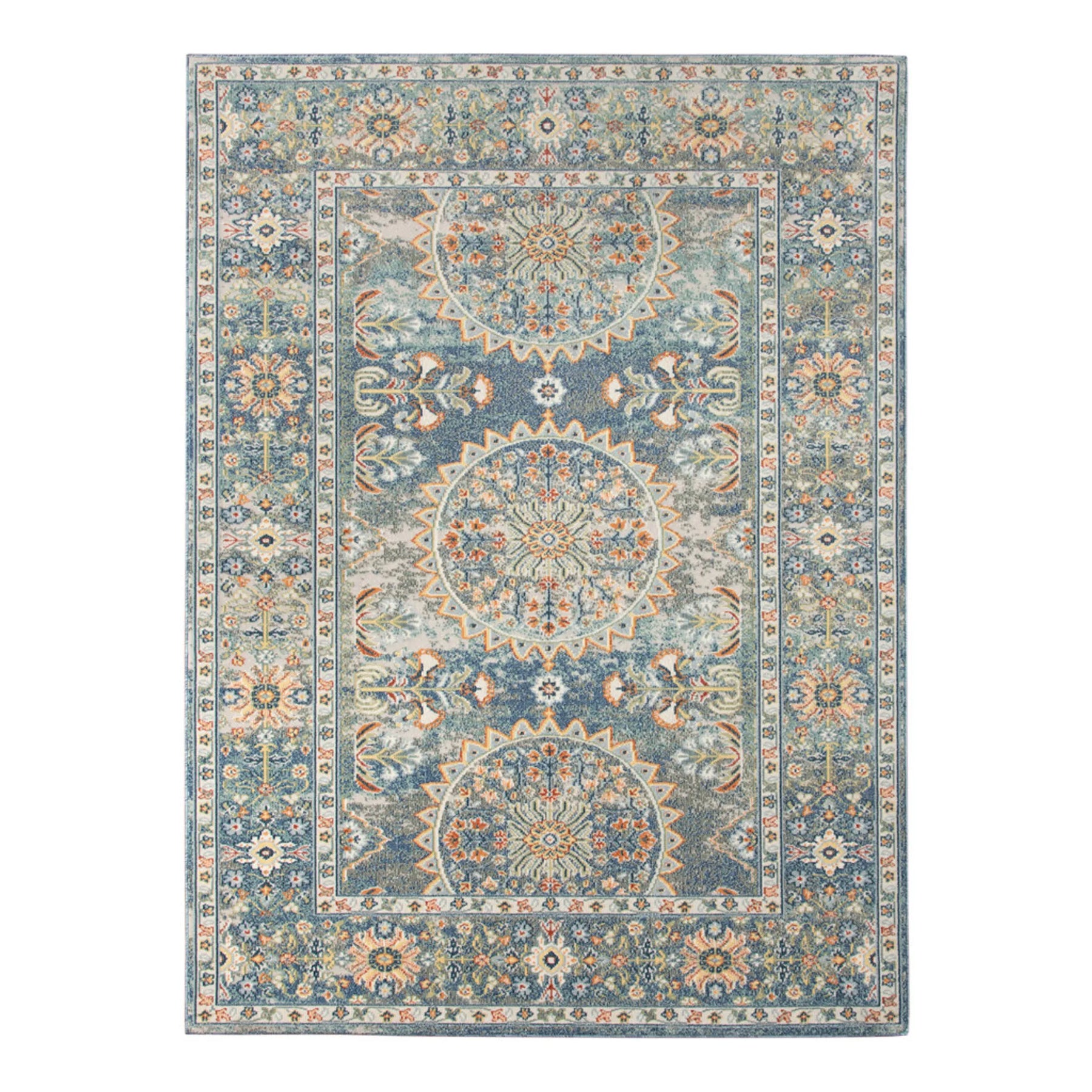 9′ X 12′ Blue and Orange Floral Medallion Stain Resistant Indoor Outdoor Area Rug — view 2