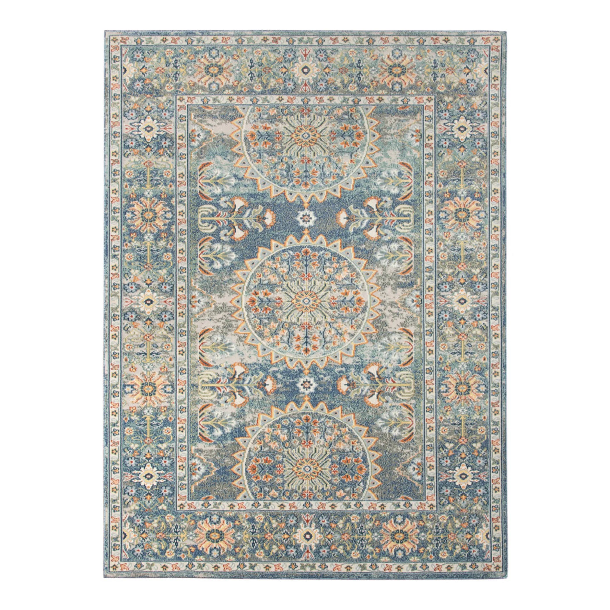 9′ X 12′ Blue and Orange Floral Medallion Stain Resistant Indoor Outdoor Area Rug — view 2