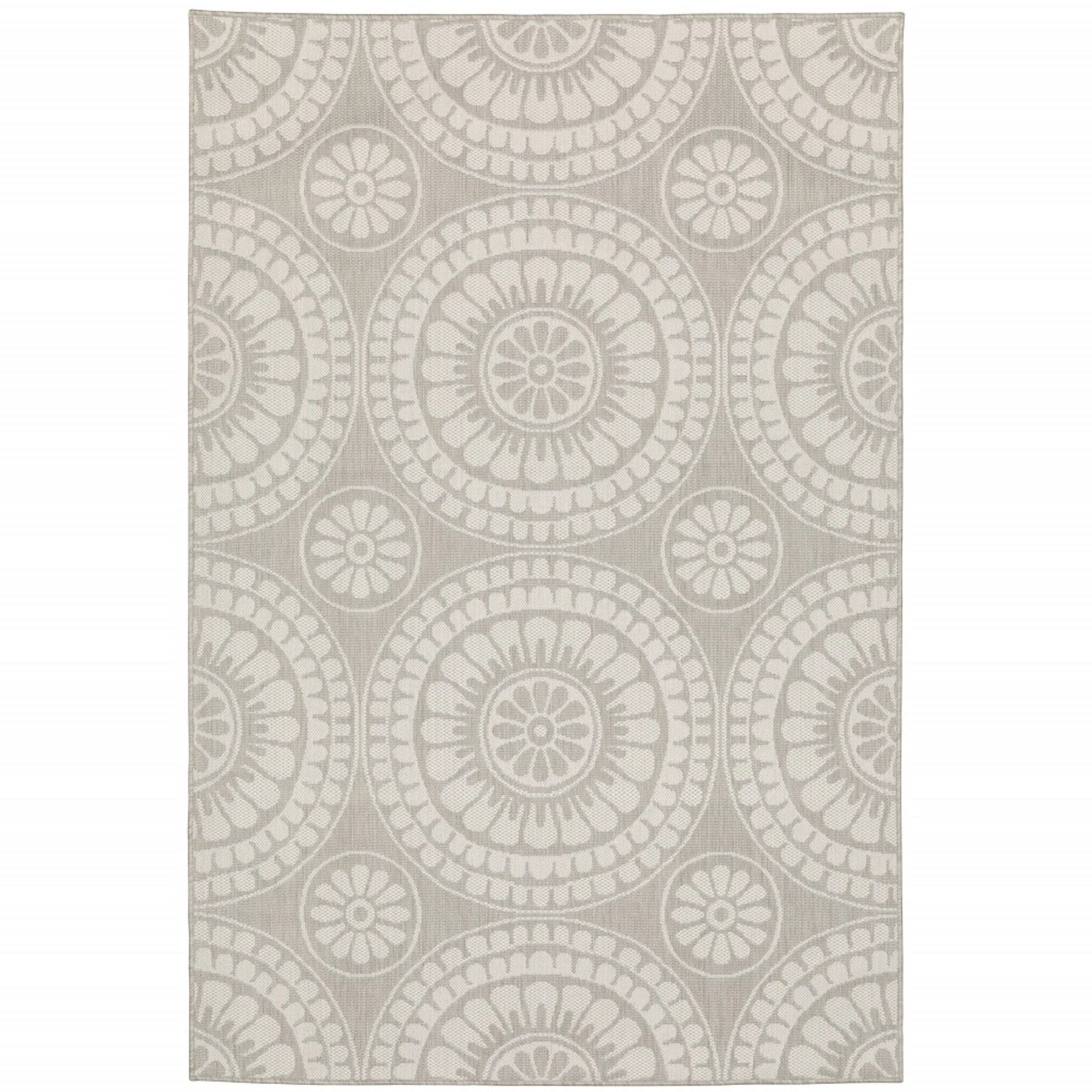 7′ X 9′ Gray and Ivory Geometric Stain Resistant Indoor Outdoor Area Rug